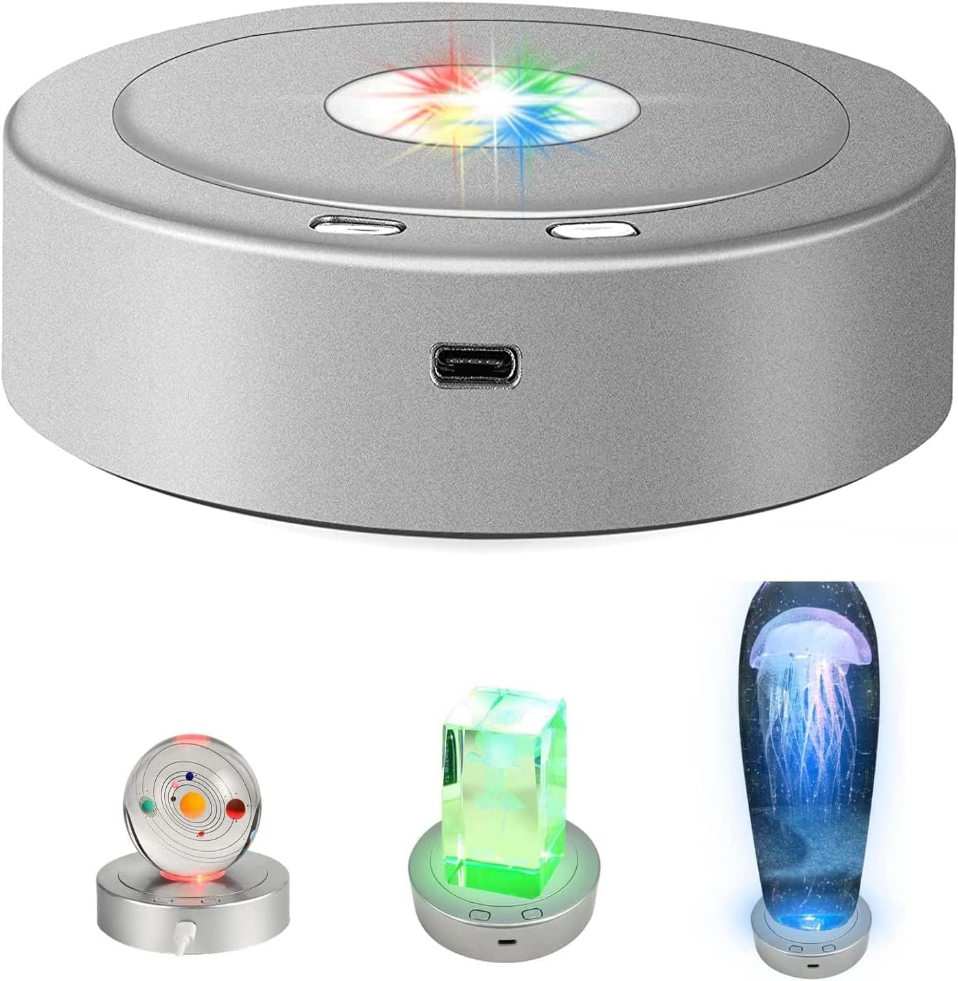 7 LED Rotating Display Stand, Spinning Lighted Base for Glass Art, 4 Revolving & 8 Light Modes, 360° Automatic Silent Turntable (5.1x1.2")