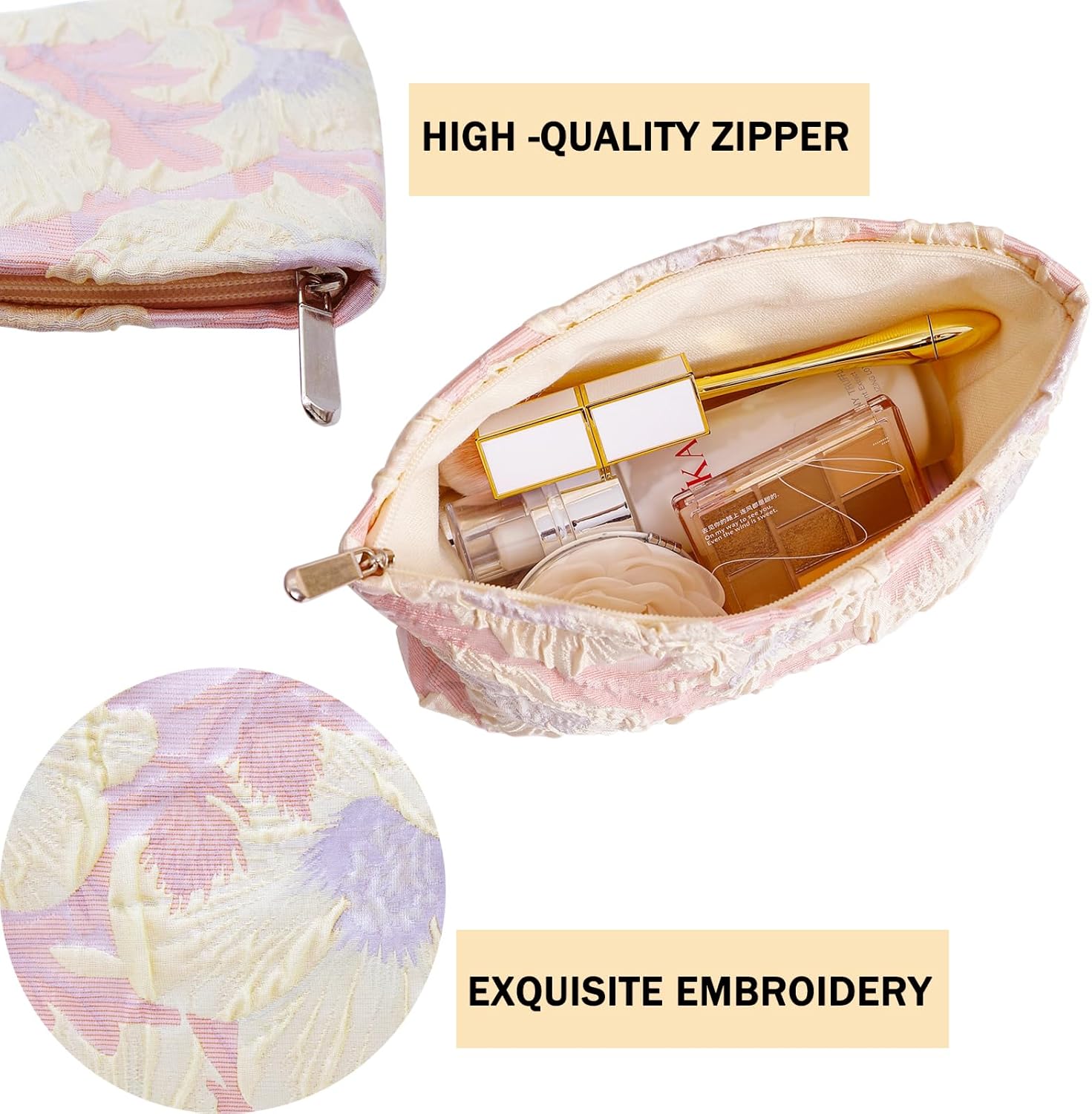 2 Pcs Makeup Bags, Large Cosmetic Bag Travel Toiletry Bag Organizer for Women, Embroidery Craft, Floral Makeup Bag Small Cosmetic Pouch Purse with Zipper Gifts for Girls Teen - Image 3