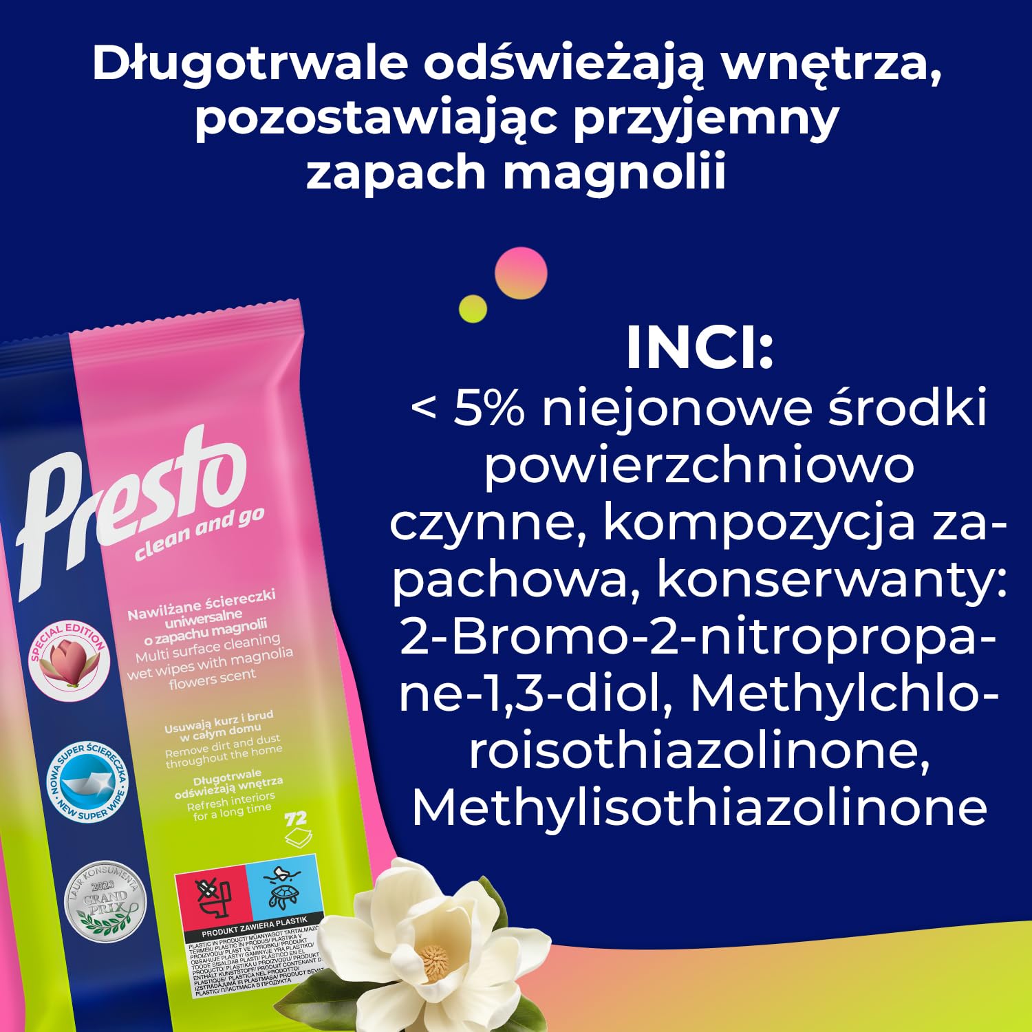 Presto Uniwersalne ściereczki do czyszczenia Magnolia – do gładkich powierzchni – szybkie i skuteczne czyszczenie – meble, terakota, panele, płytki – zapach kwiatów – 72 sztuki