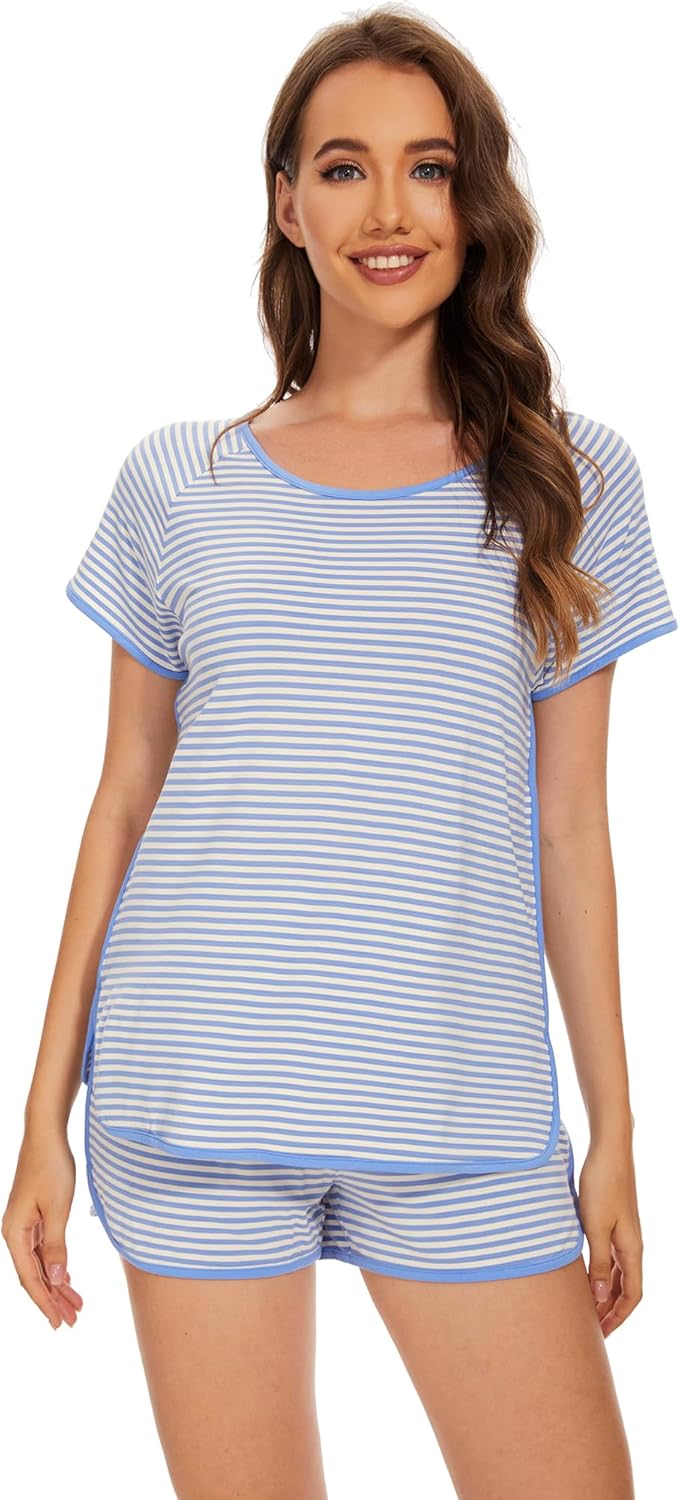 WiWi Pajamas for Women Super Soft Short Sleeve Top with Shorts Pajama Set Crewneck Summer Cooling Sleepwear Sets S-XXL