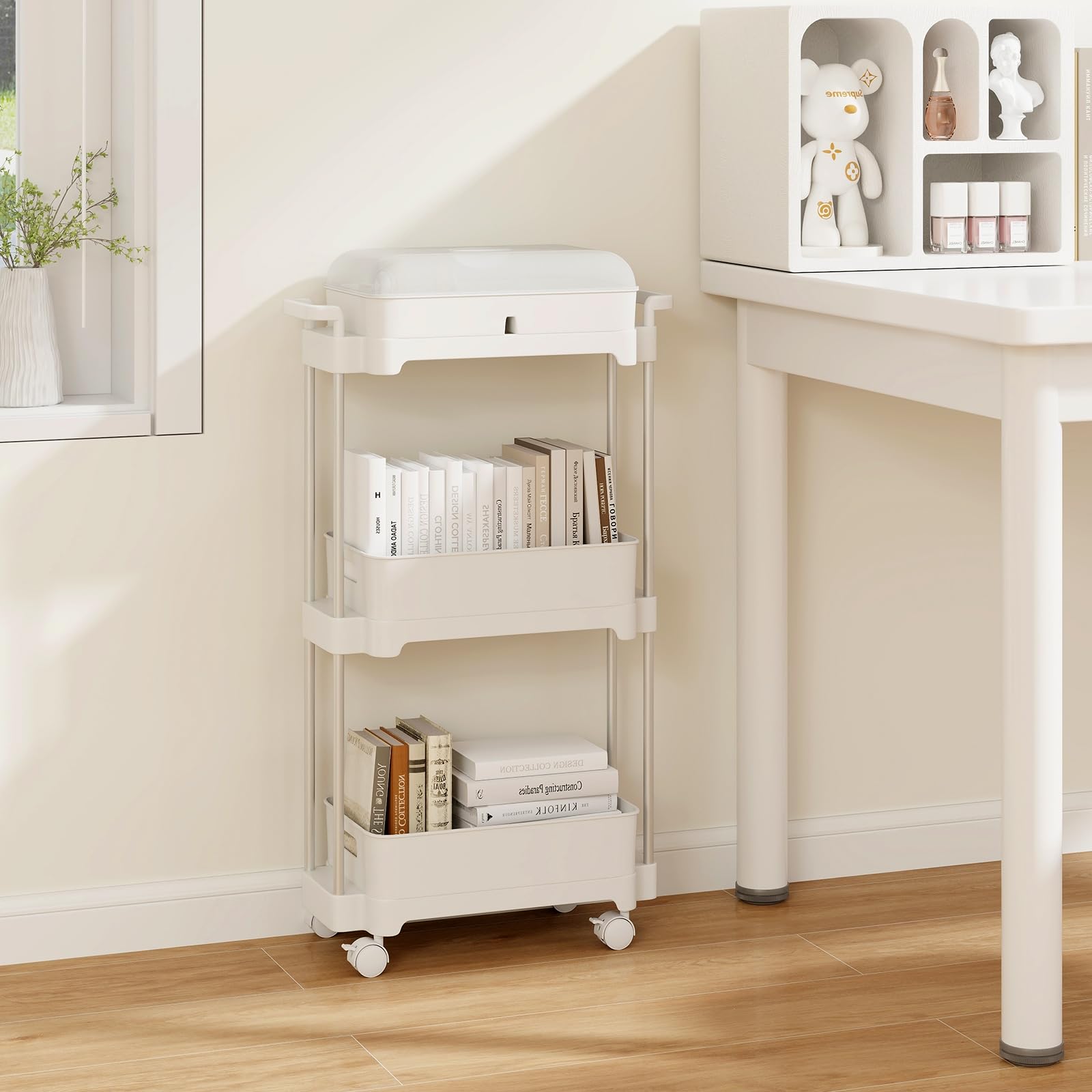 HOMASIS Carro de Servicio con 3 estantes extraíbles, Carrito de Multifuncional con Ruedas bloqueables, Carrito de Almacenamiento de Aluminio con Tapa para salón, Cocina y Oficina, 46x21x82cm, Blanco