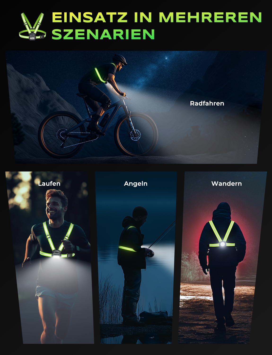 500 Lumen Lauflicht, Lauflampe Joggen mit 360° Reflektoren, Wiederaufladbar Brustlampe, 45° Verstellbar, 7 Modi & IPX4 Wasserdichter Running Light Stirnlampenzubehör für Nachtlauf