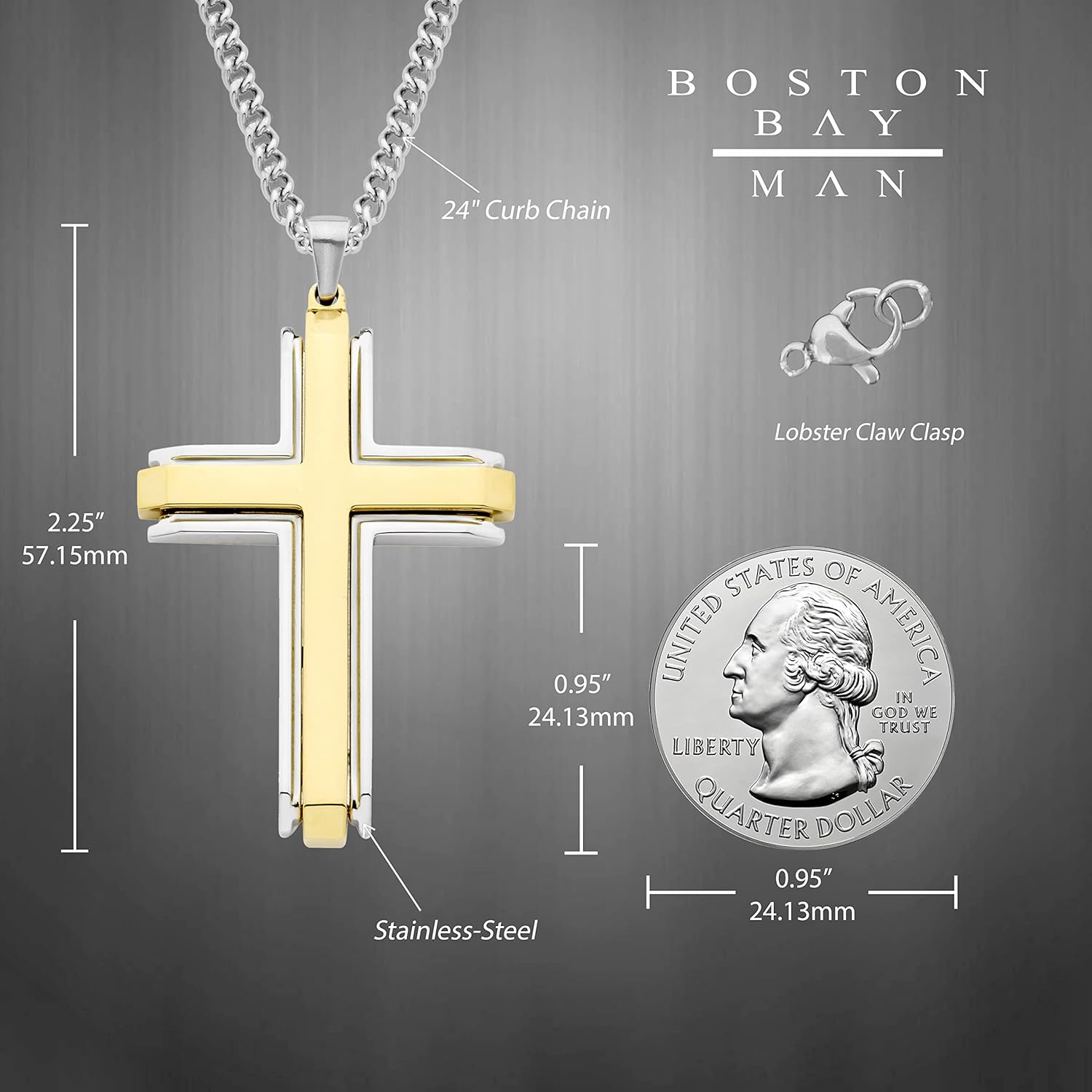 Boston Bay Men's 2.25" Yellow Gold Plated Stainless Steel Cross – Waterproof Pendant on Matching Steel 24" Chain - Image 3