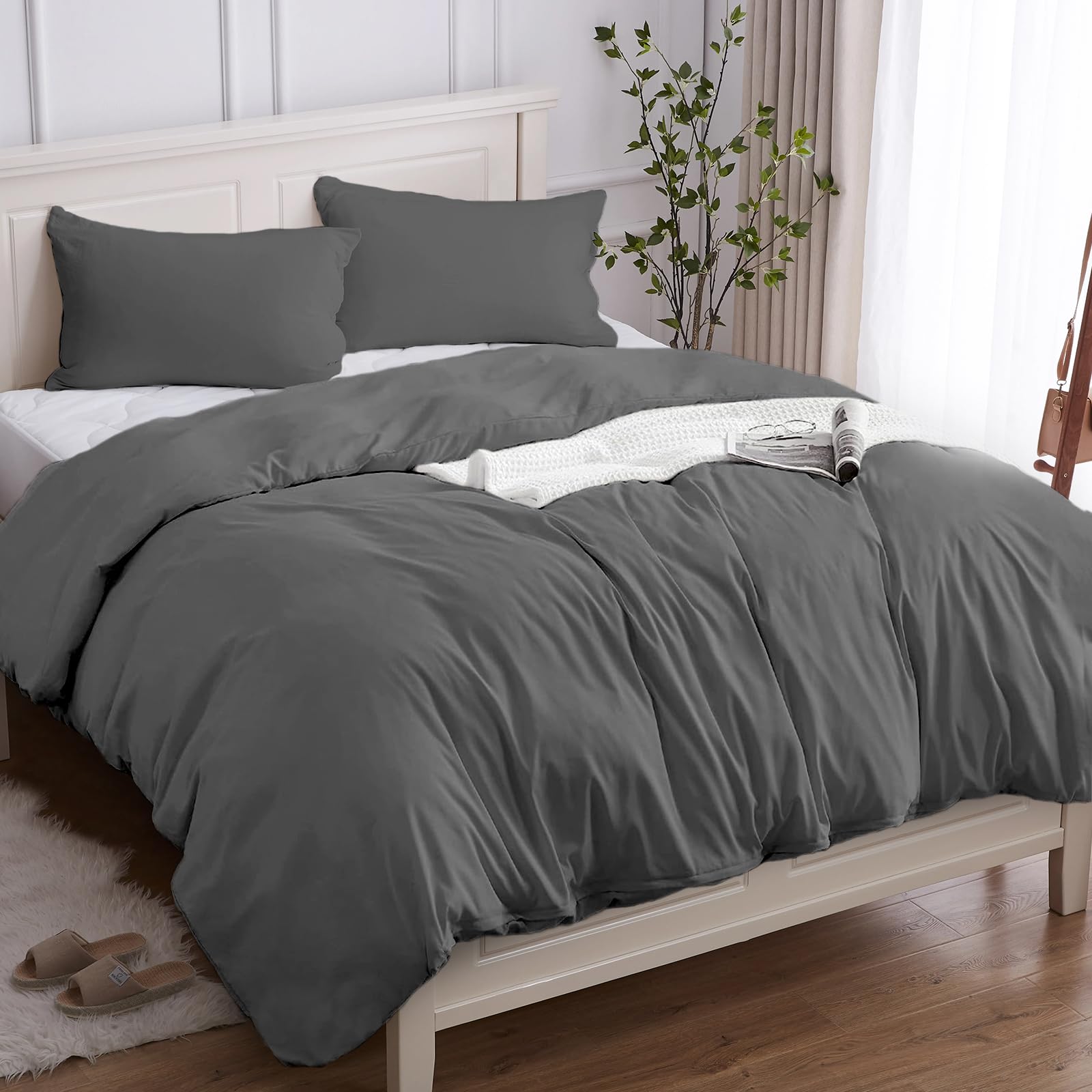 Duvet Cover 100% Cotton 200 x 200 cm (2 Pillowcases 50 x 80), Duvet Cover Set in Premium Cotton 150GSM OEKO-TEX Soft, Breathable, Hypoallergenic - Light Grey