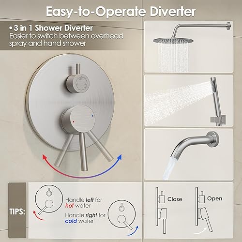 Miniatura 6 de Gabrylly Juego de grifo de ducha para bañera, sistema de ducha de bañera con válvula de ducha de 3 vías, cabezal de ducha de lluvia de alta presión