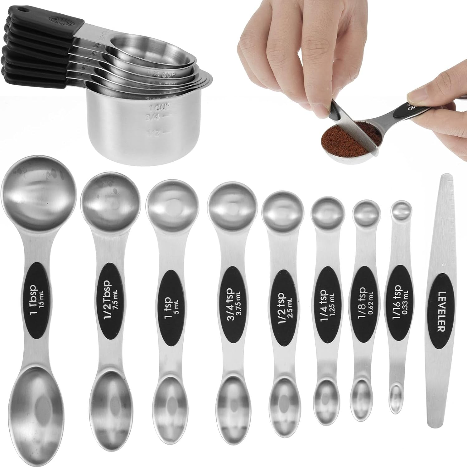 16Pcs Measuring Cups & Magnetic Measuring Spoons,8 Heavy Duty Stainless Steel Measure Cups with Silicone Handle & 7 Double Sided Magnetic Measure Spoons & 1 Leveler for Dry and Liquid Ingredient