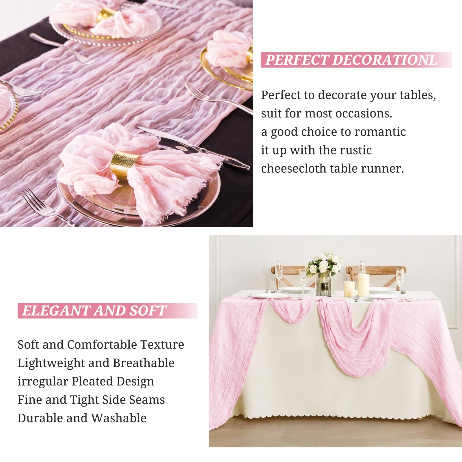 6 Runner Tavola In Garza Rosa Chiaro - Per Matrimoni, Feste E Decorazioni - Foto 4