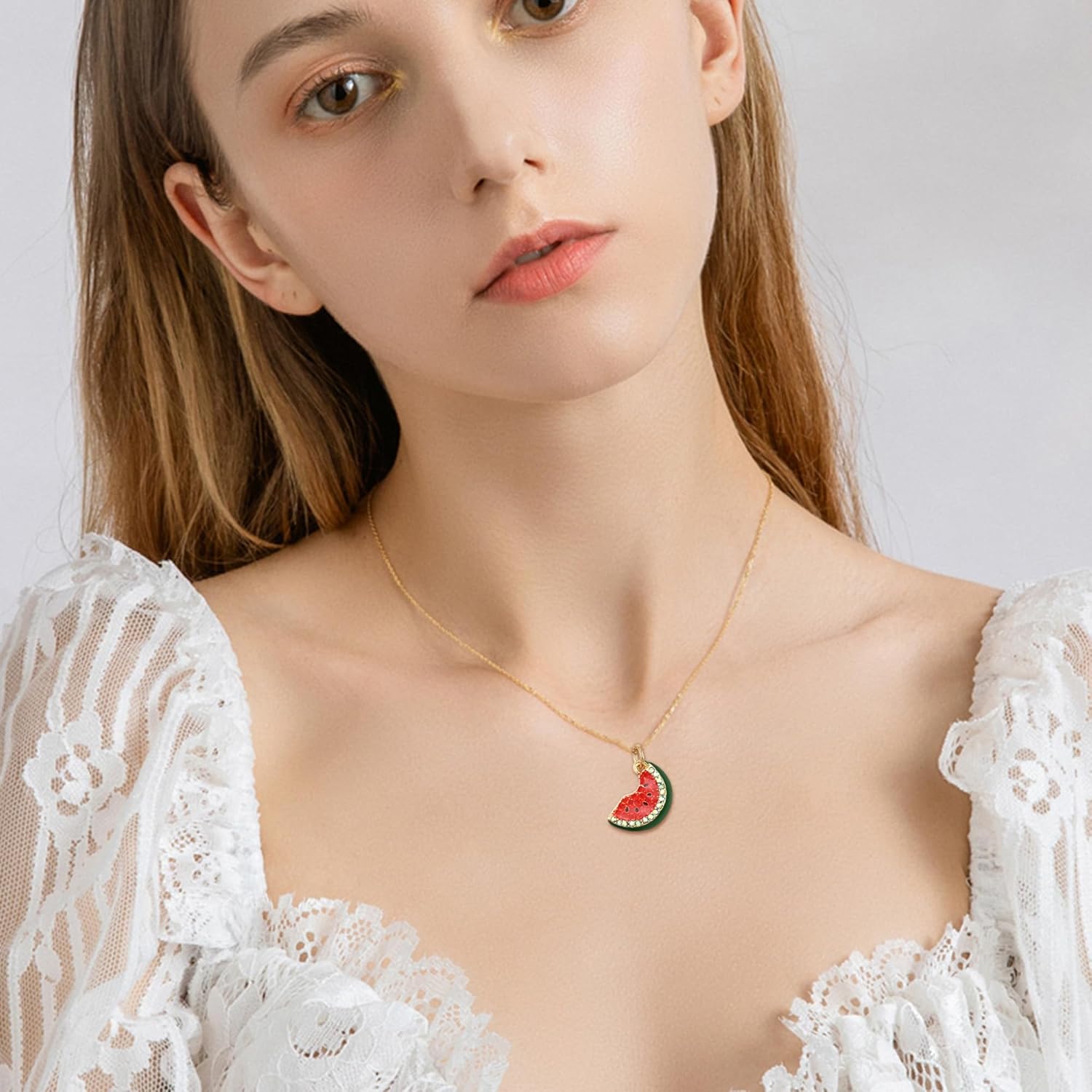 EVER FAITH Charming Crystal Watermelon Pendant Necklace for Women, Adorable Fruit Necklaces Rhinestone Jewelry Gift Green Gold-Tone - Image 2