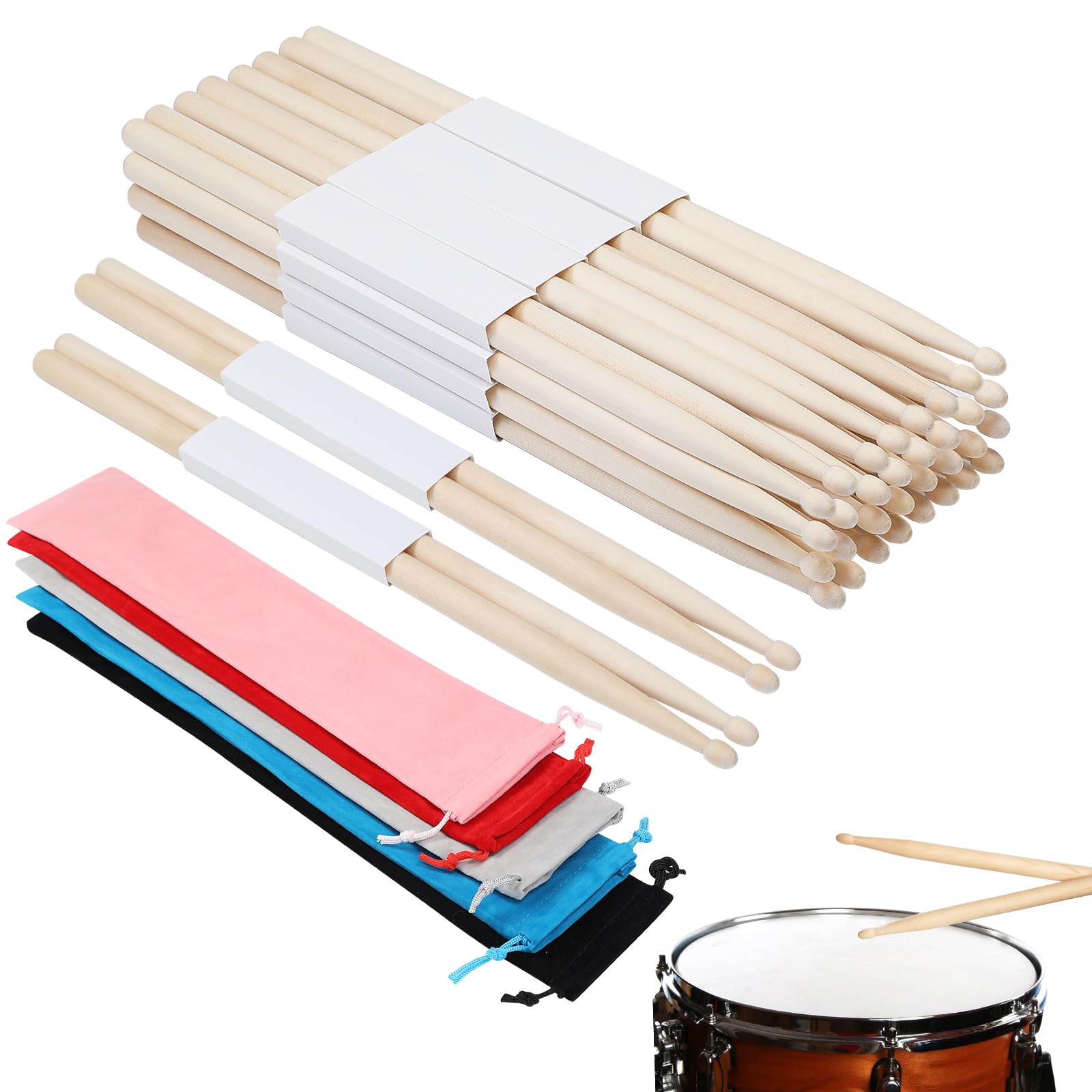 FF Sgdfc 18 Pairs 5A Maple Wood Drumsticks with Wooden Tips - Classic Lightweight Design for All Drummers, Includes 5 Protective Storage Bags