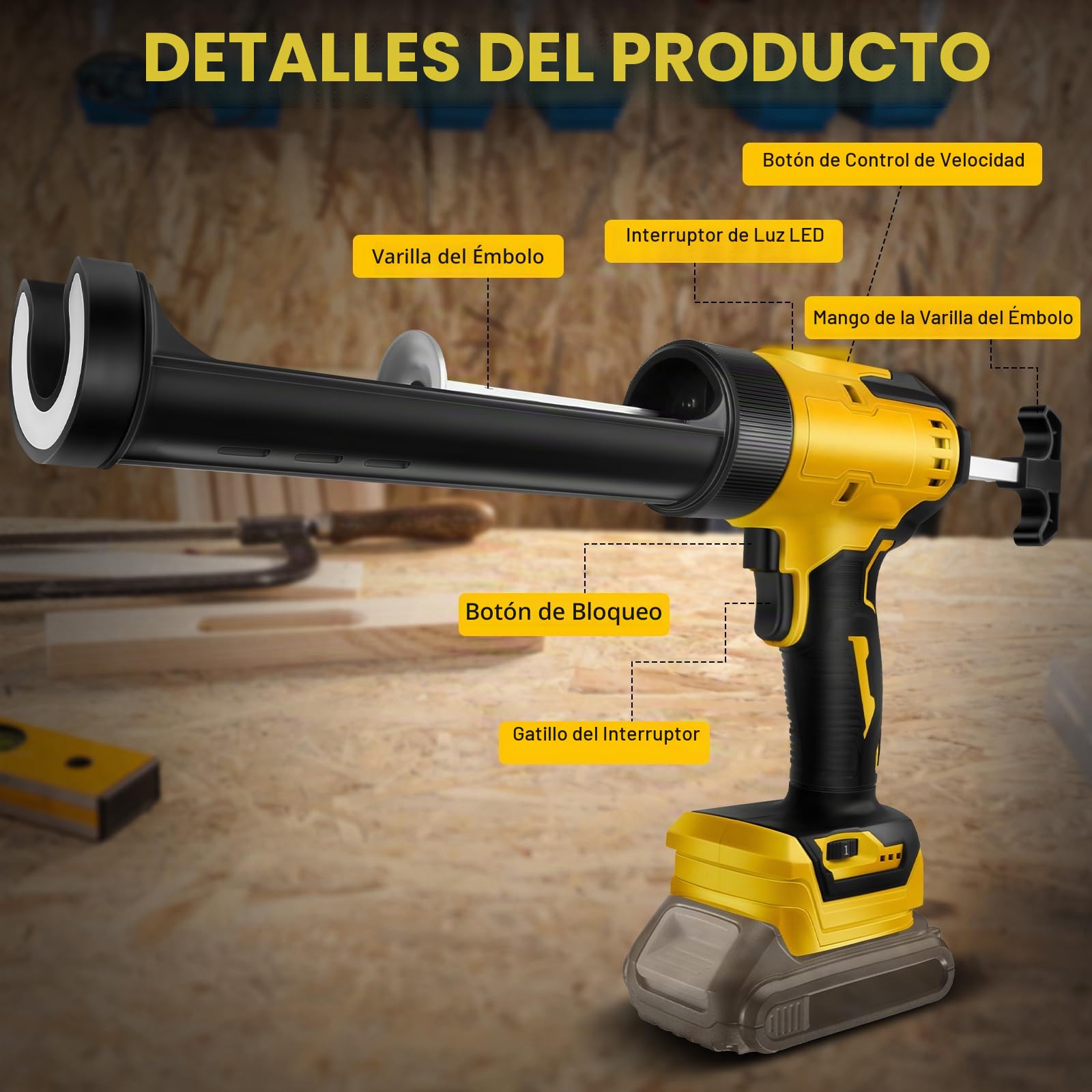 Pistola de Calafateo Inalámbrica con LED para Dewalt 21V (sin batería) | Pistola Selladora Eléctrica, 6 Velocidades, Pantalla Digital, para Cartucho de 10 oz/300 ml, para Sellar