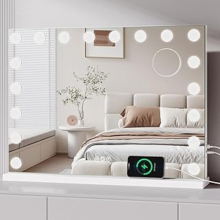 Comprar Moziel 80 x 60 cm Espejo de Maquillaje con Luz, Espejo Tocador con Luces de 18 LED Montado en la Pared o en la Mesa, 3 Colores de Luz y Función de Brillo Ajustable