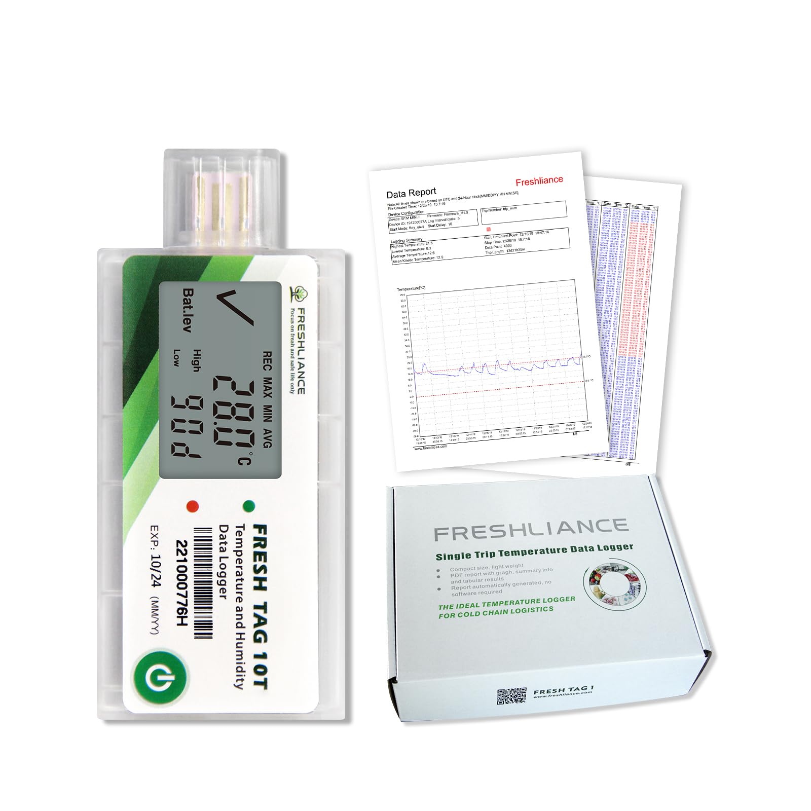 Freshliance - Registrador de datos de temperatura LCD, grabadora de temperatura USB de un solo uso con informe PDF o CSV, 65000 lecturas de -30.0 °C ~ 70.0 °C de alta precisión, 30 días, paquete de 10