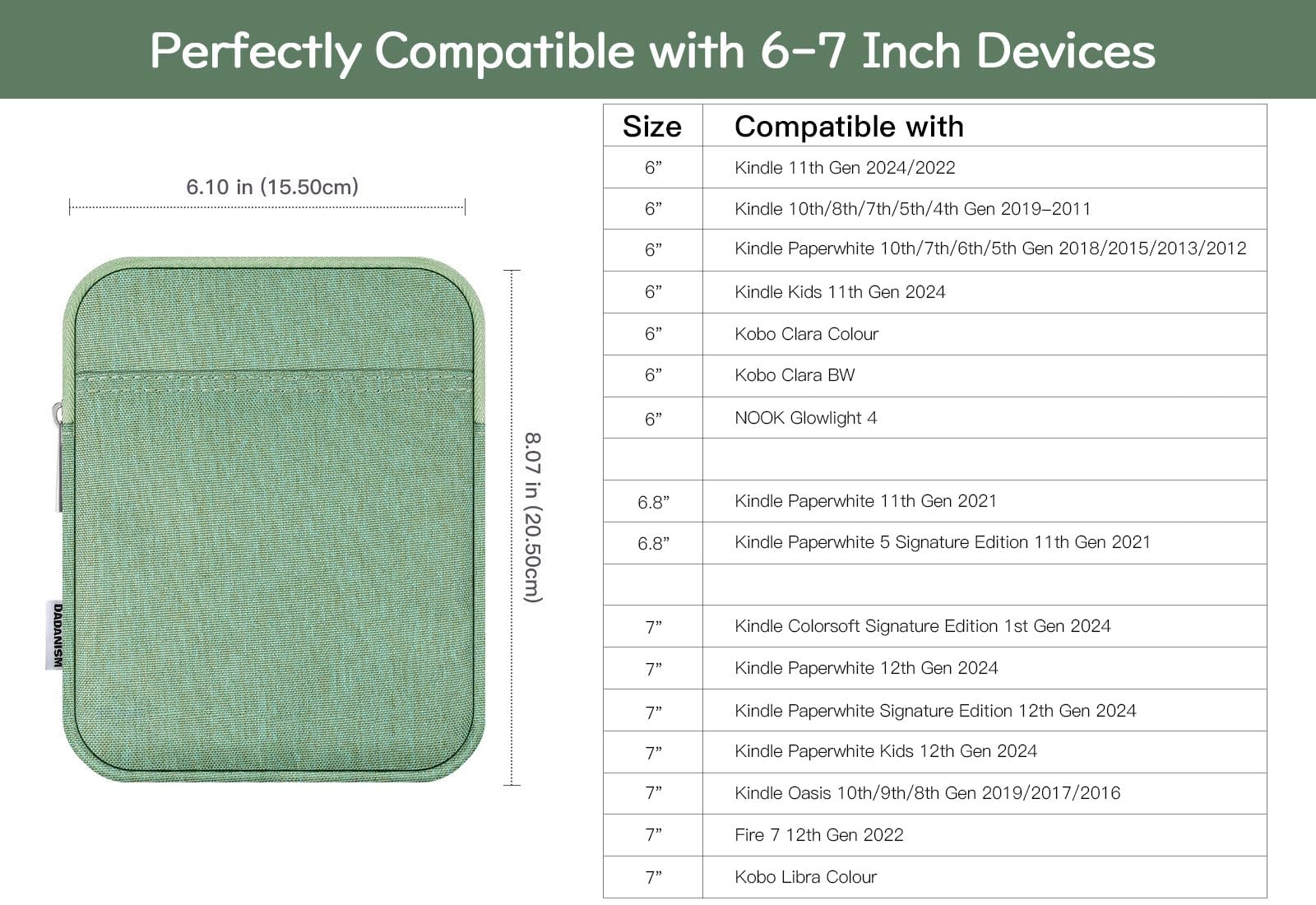 Dadanism 6-7 Cal Custodia Protettiva Sacchetto per Kindle Paperwhite 7", Kindle Colorsoft Signature Edition, Kindle 11ª Gen 6", Kobo Clara BW 6", Kindle Oasis, Verde Matcha