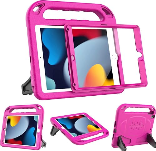 BMOUO Kids iPad Case for 9th/8th/7th Generation with Built-in Screen Protector, Durable Shockproof Handle Stand, Rose