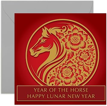 Stylish Happy Lunar New Year Card for Family and Friends - Year of The Horse Happy New Year Gift - Chinese Zodiac Animal Greeting Card - Gold Foil Red 2026