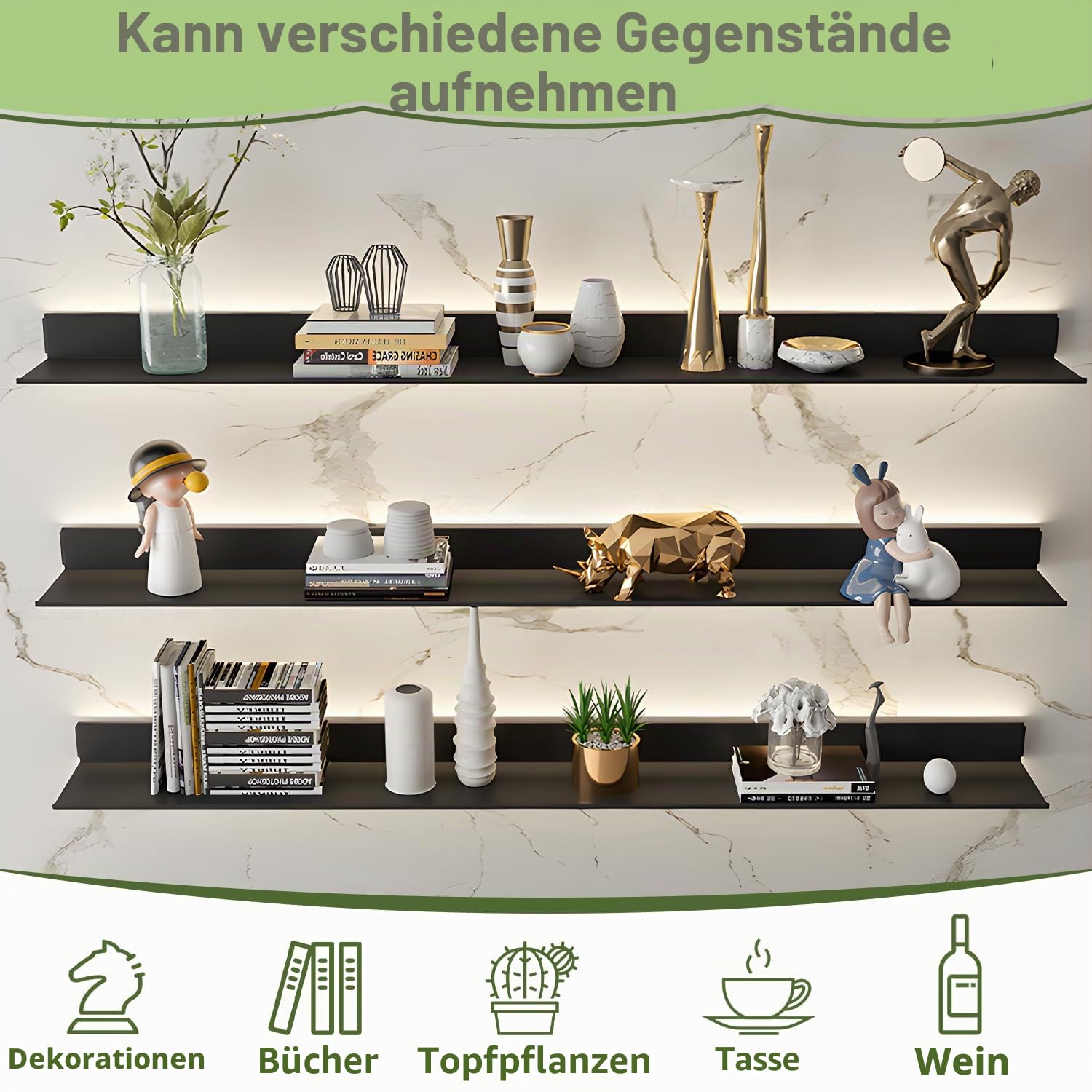 Wandmontierte schwebende Metallregale mit LED-Lichtern, Hänge-Display-Regal für Wohnzimmer, Küche, Badezimmer, integriertes beleuchtetes LED-Licht Display-Regal, schwarz, 60 cm