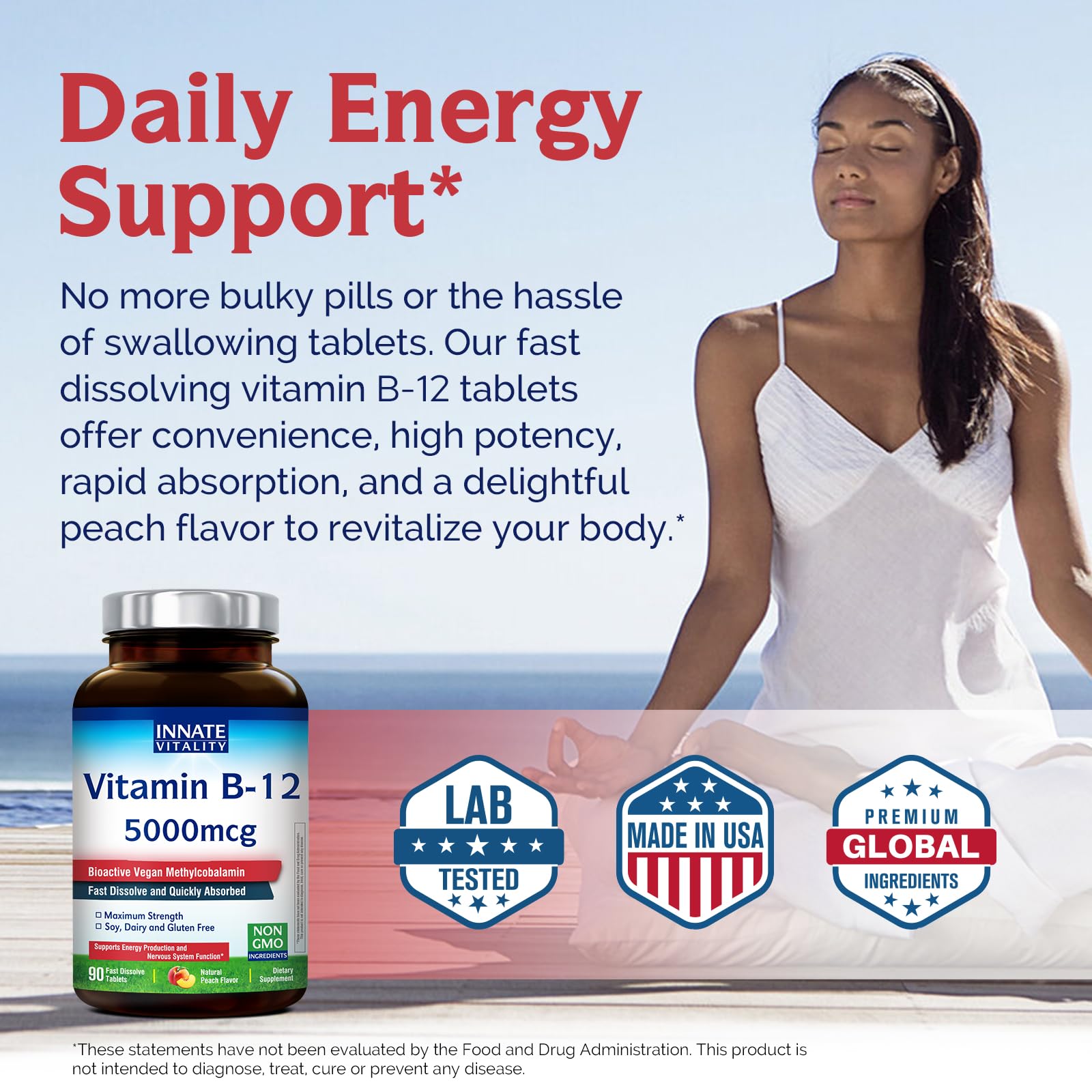 Innate Vitality Vitamin B12 5000mcg, Sublingual, Vegan Methylcobalamin, Fast Dissolve Tablets, Natural Peach Flavor, Supports Energy Production & Healthy Nervous System, 90 Tablets — Amazon image 5