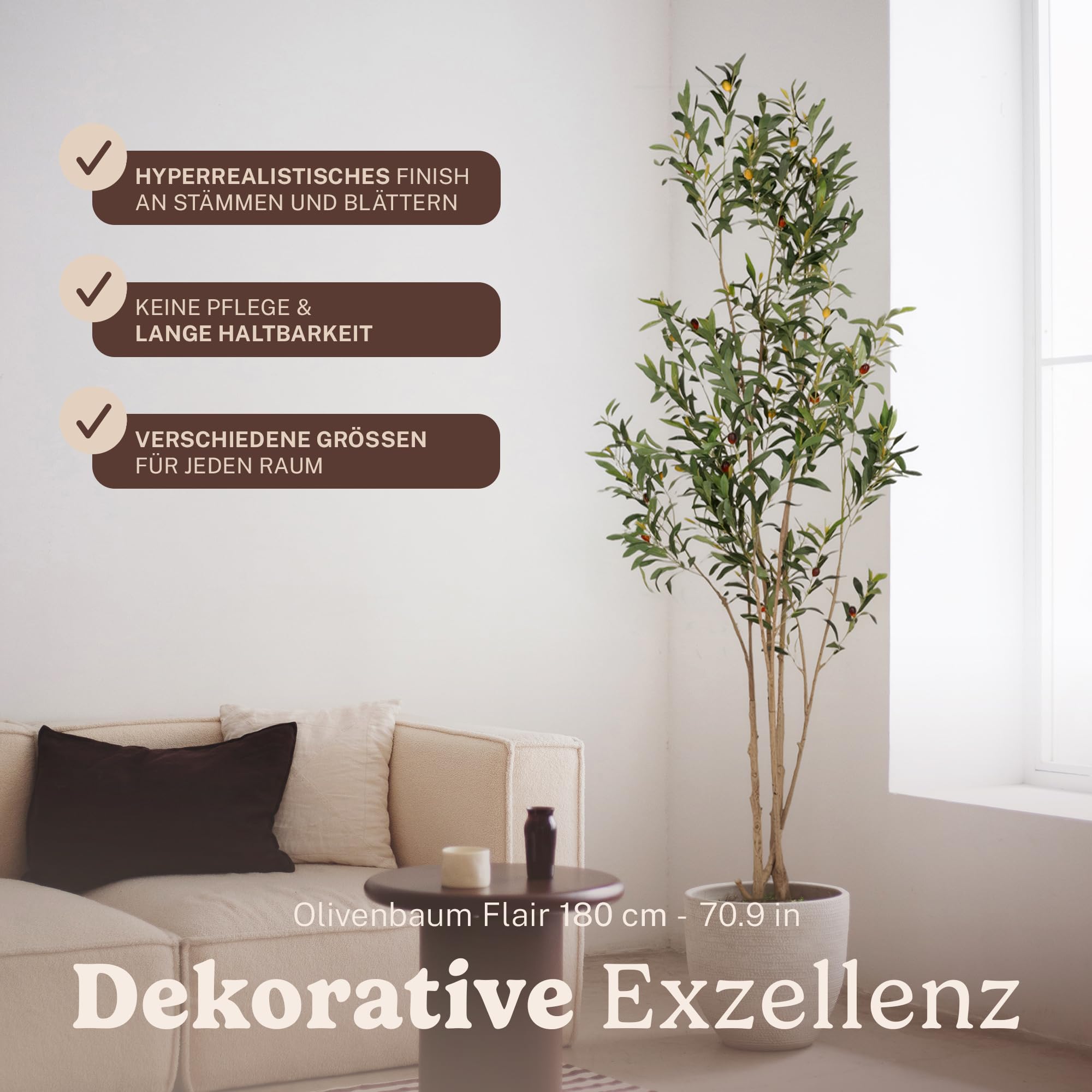 MAIA SHOP Olivenbaum Künstlich Flair 180 cm - Kunstbaum wie Echt | Künstlicher Olivenbaum mit Naturholzstamm und Oliven für Wohnzimmer Flur Büro - Schwarzer Topf Inklusive