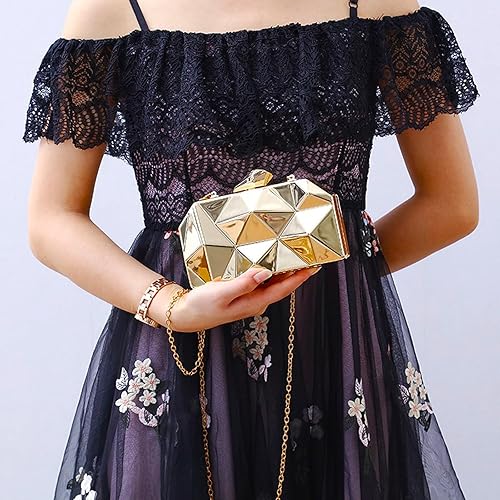 Miniatura 7 de QZUnique Bolso de mano de metal con diseño geométrico de noche con cadena de corte de piedra abstracta para mujer Negro, A-silver, negro, dorado,