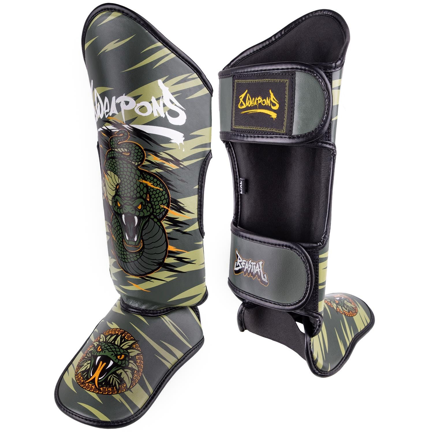 8 WEAPONS Schienbeinschoner Kinder, Beastial Viper, Khaki, Kinder Schienbeinschoner Kampfsport, Kunstleder, Optimaler Schutz für Muay Thai, K1, Boxen, MMA und Kickboxen