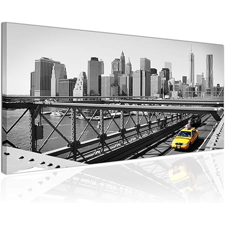 Tableau Xxl Impression Sur Toile 100x50cm Taxi Jaune Noir Et Blanc Trade Center Pont De Brooklyn A New York Style Moderne Decorations D Interieur Image Panoramique Amazon Fr Cuisine Et Maison
