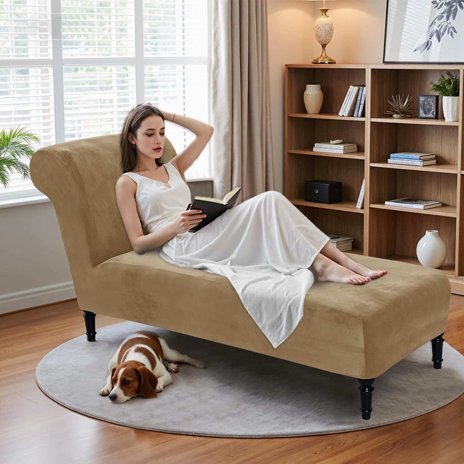 Velvet Chaise Lounge Cover Indoor Armless Chaise Slipcover Luxury High Stretch Ultra Soft Lounge Chair Covers Modern Machine Washable Chair Cover for Living Room Bedroom Furniture, Taupe