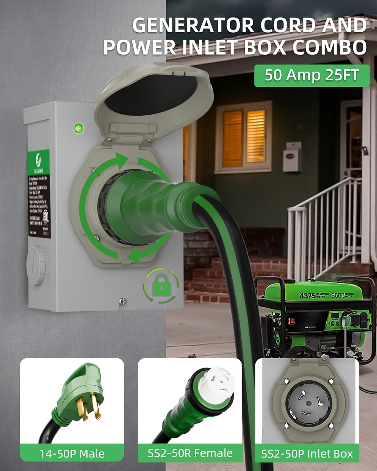 50 Amp 25FT Generator Cord and Pre-Drilled Power Inlet Box, NEMA 14-50P to SS2-50R Generator Cord Kit, 6/3+8/1 AWG STW Twist Lock Connector, 125/250V 12500W, ETL Listed, Ready for Emergency Use