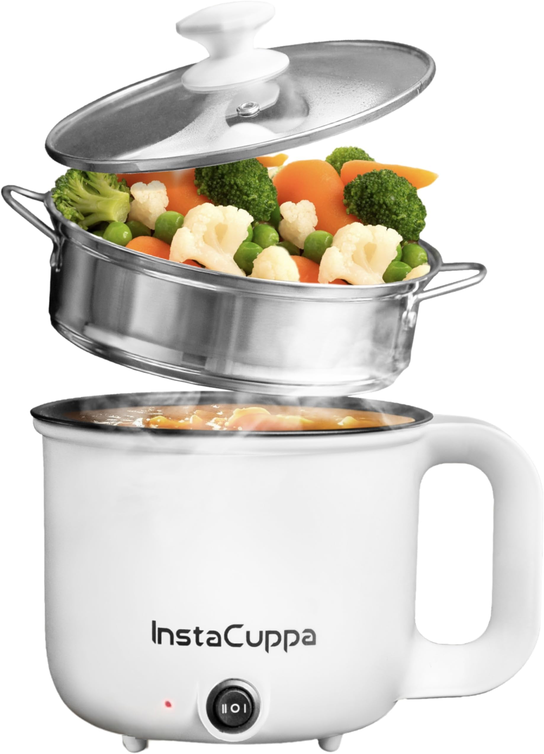 InstaCuppa 3-in-1 Multi Cook Kettle with Steamer, 1.2 L Inner Pot, Adjustable Temperature Settings, Wide Mouth, Ideal for Boiling Milk, Tea, Coffee, Eggs & Steaming Veggies, 600 Watts, Elegant White