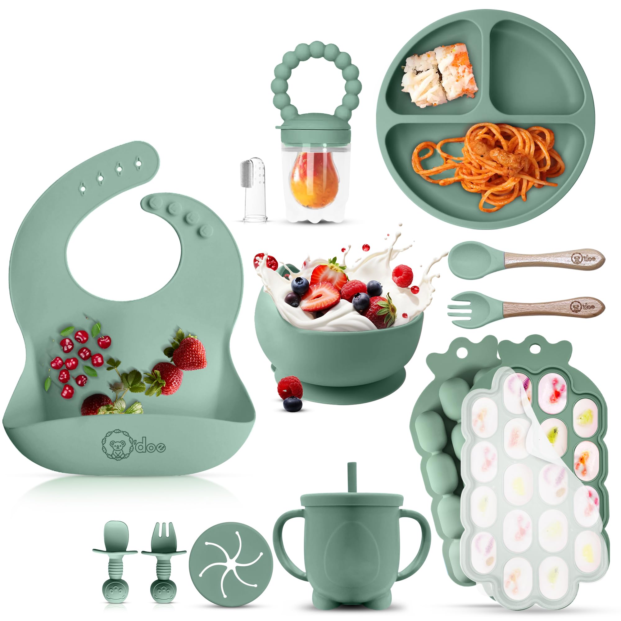O'doe Baby Weaning Set, 15 Pcs Silicone Baby Feeding Set including Suction Plate, Bowl, Bib, Sippy Cup, Fruit Feeder