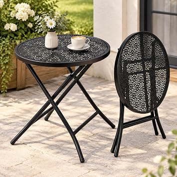 Folding Outdoor Side Table, Small Round Metal End Table, Black