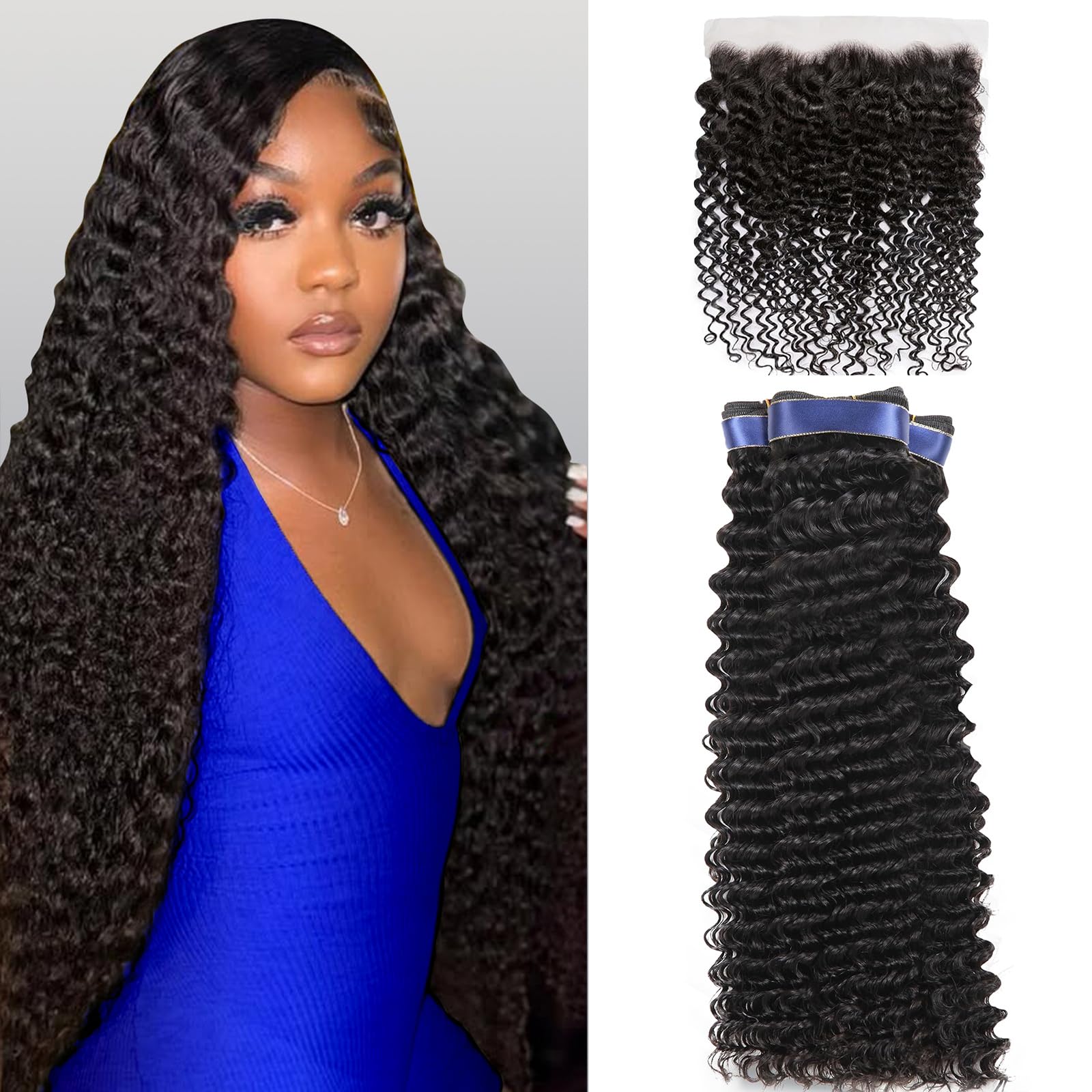 Human Hair Bundles Deep Wave Bundles Human Hair with Frontal Closure (12 14 16+10, Free Part) 16A Wet and Wavy Curly 3 Bundle with 13x4 HD Lace