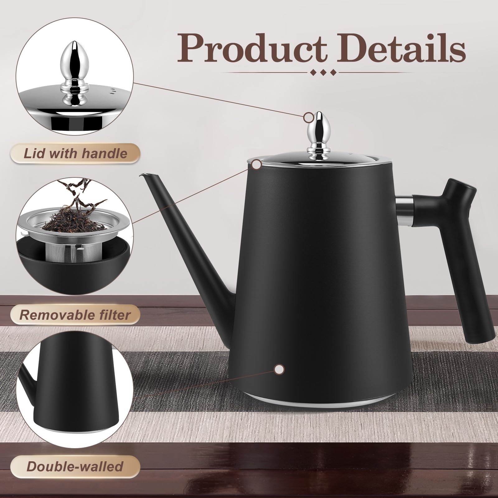 Teekanne Edelstahl mit Siebeinsatz, 1.5L Schwarzer Teekanne mit Hitzebeständigem Griff für Obstkräuter und Infusionstee, Doppelwandig isolierte Edelstahl teekanne Für Tee Kaffee (1)