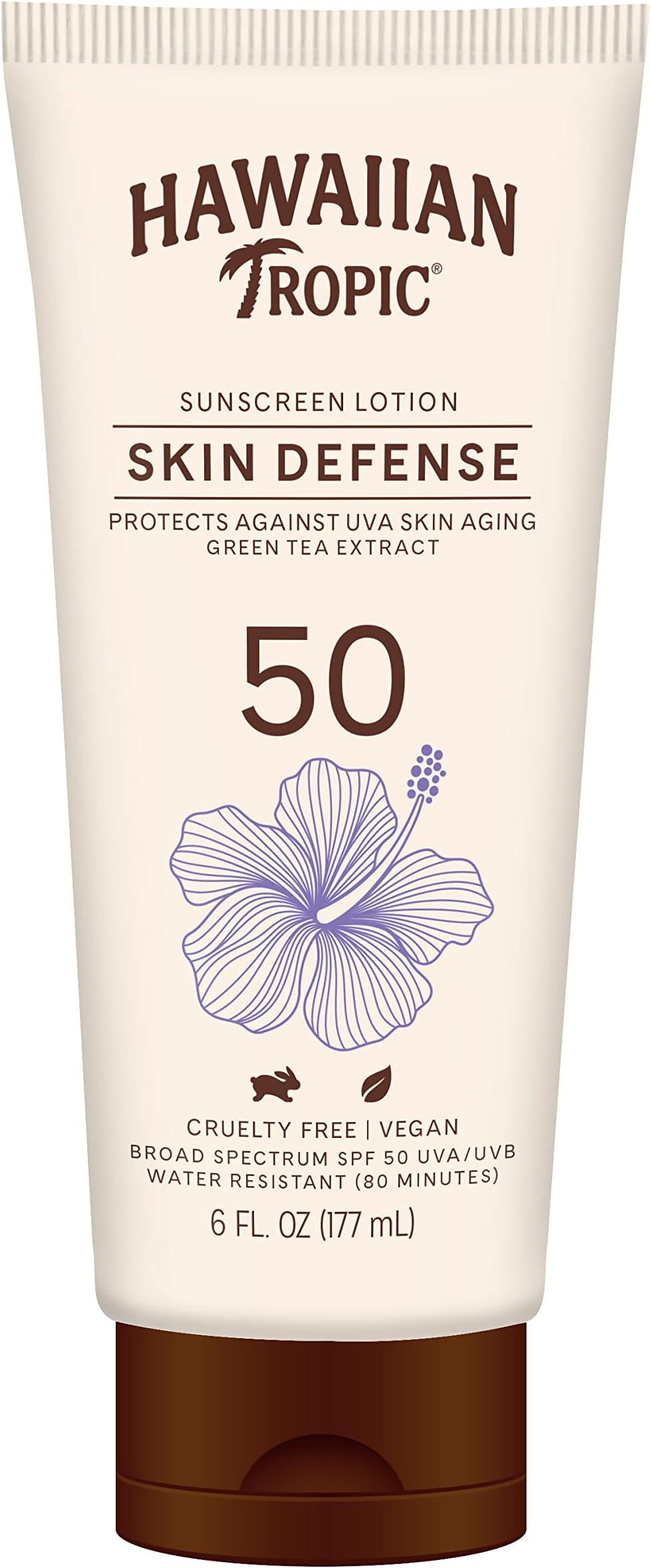 Hawaiian Tropic Sunscreen Lotion Skin Defense, Protect against UVA Skin Aging Green tea extract, SPF 50 UVA/UVB Vegan Water resistant(80 mins), Oil Free, Derm Tested, No Oxybenzone, Lightweight- 177ml