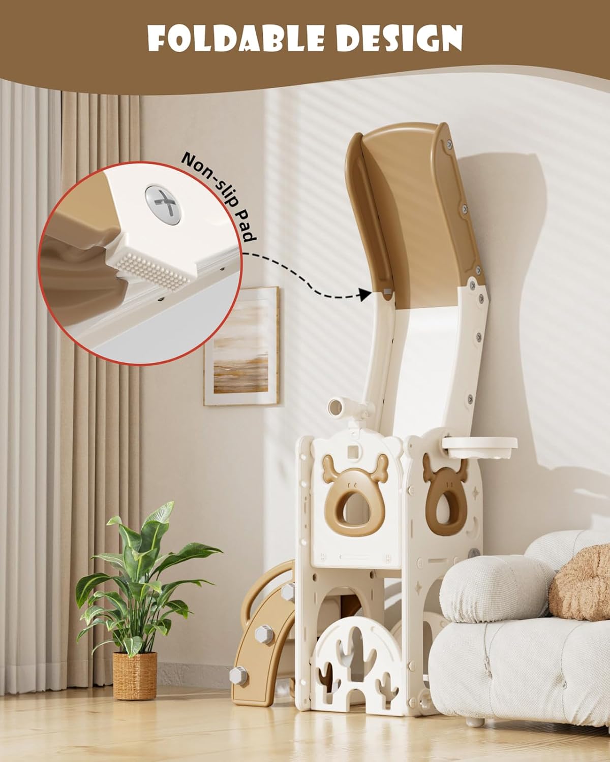 XJD 7 in 1 Toddler Slide, Kids Indoor Slide for Toddlers 1-3, New Upgrade with Golf, Basketball Hoop for Indoor Outdoor Playset, Birthday Gifts for Toddler (White Brown)
