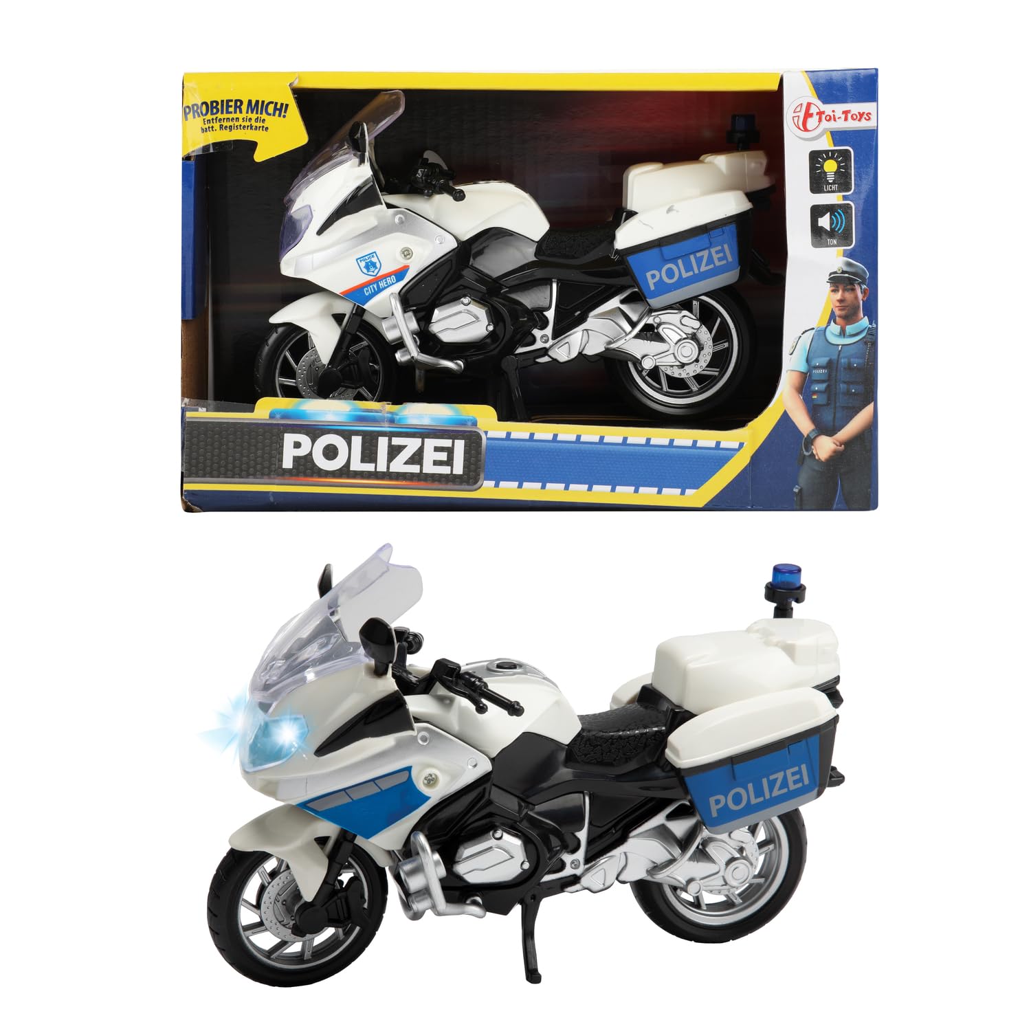 Toi-Toys 29654B Moto de Police 1:20 avec lumière et Son, modèle de Moto de Police, Blanc