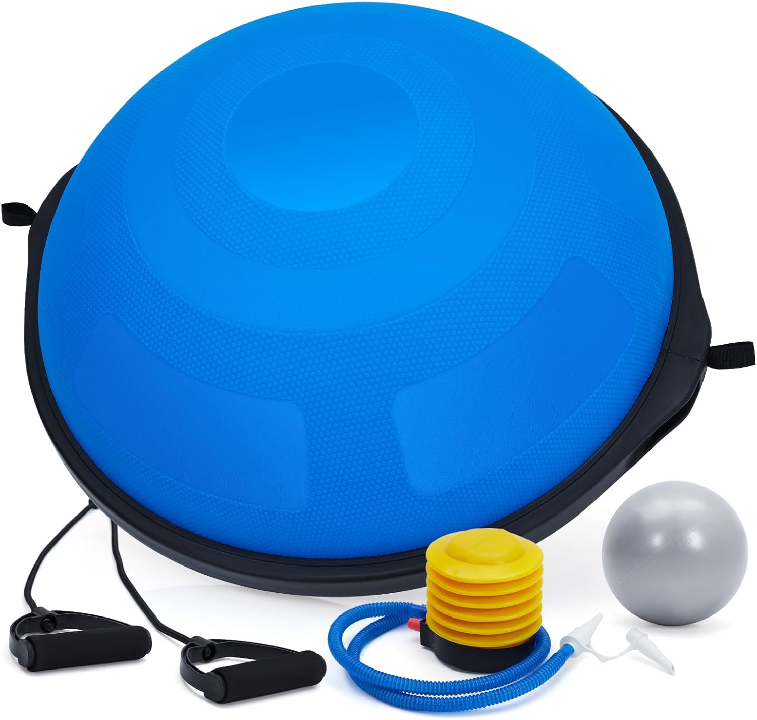 23/25in Balance Ball, 1600 lbs Half Exercise Ball with Nonslip Base, Inflatable Half Ball Balance Trainer, Stability Half Yoga Ball Strength Training Equipment with 2 Bands, Pump, Extra Ball Included