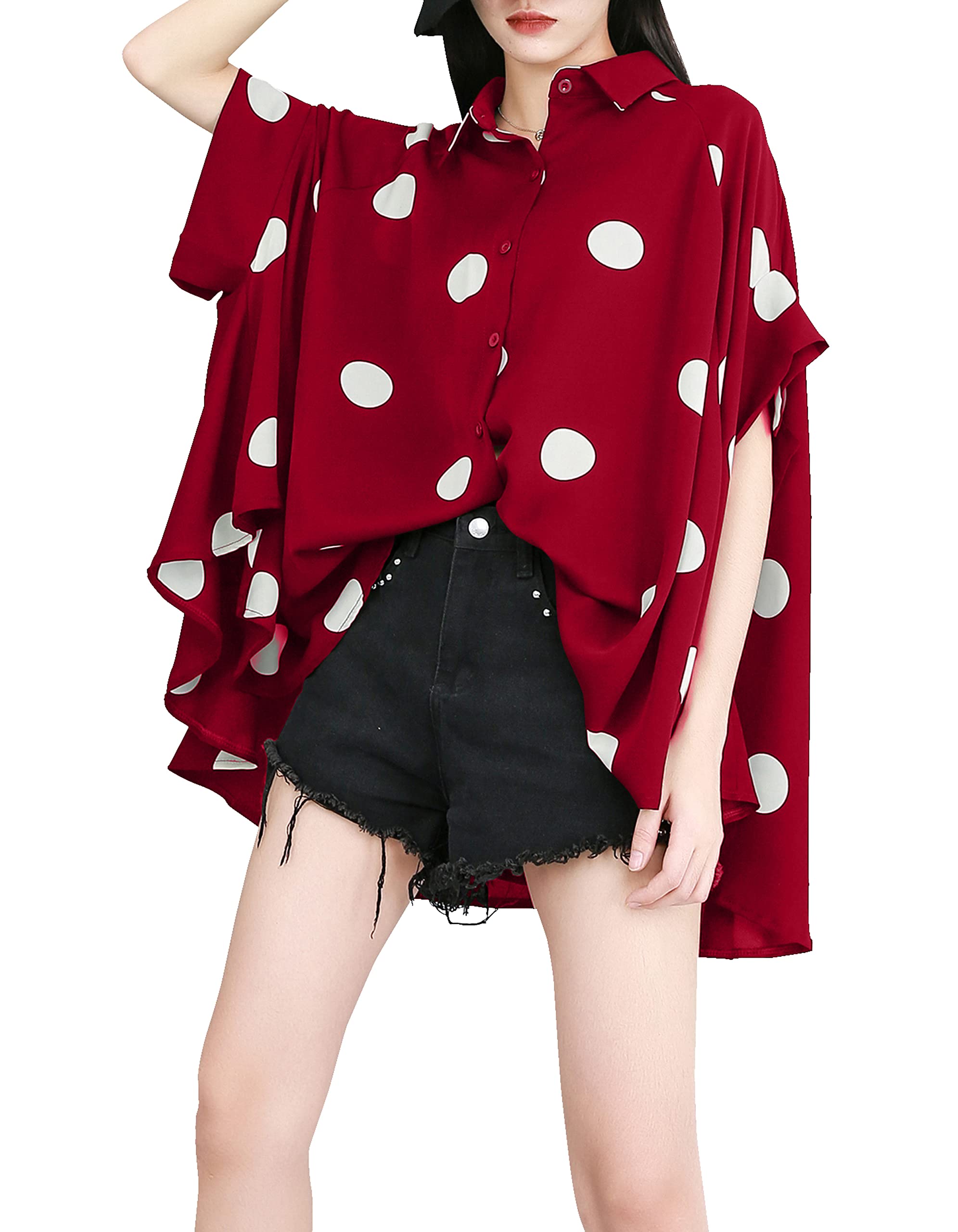 ellazhu Women's Batwing Sleeve Polka Dot Printed Button Down Blouse Oversized Shirt Top for Summer GY1903
