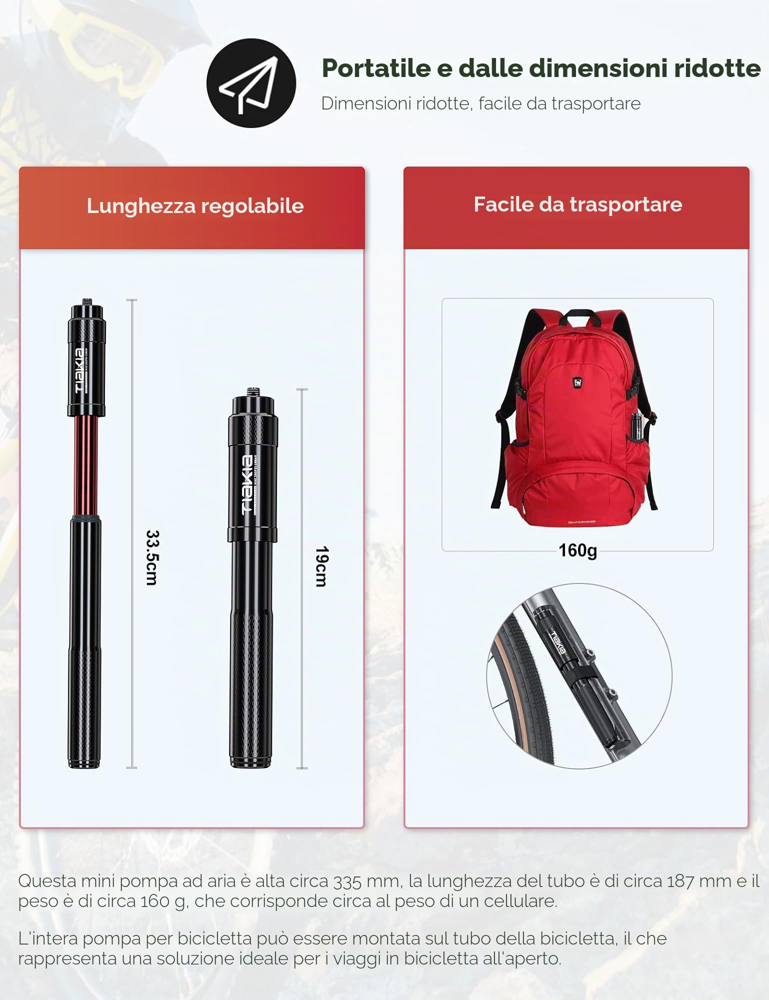 Tiakia Pompa Bicicletta Portatile 260psi, Mini Pompa per Bici Compatta per Valvole Presta Schrader Dunlop, Pompa Bici per Corsa MTB BMX