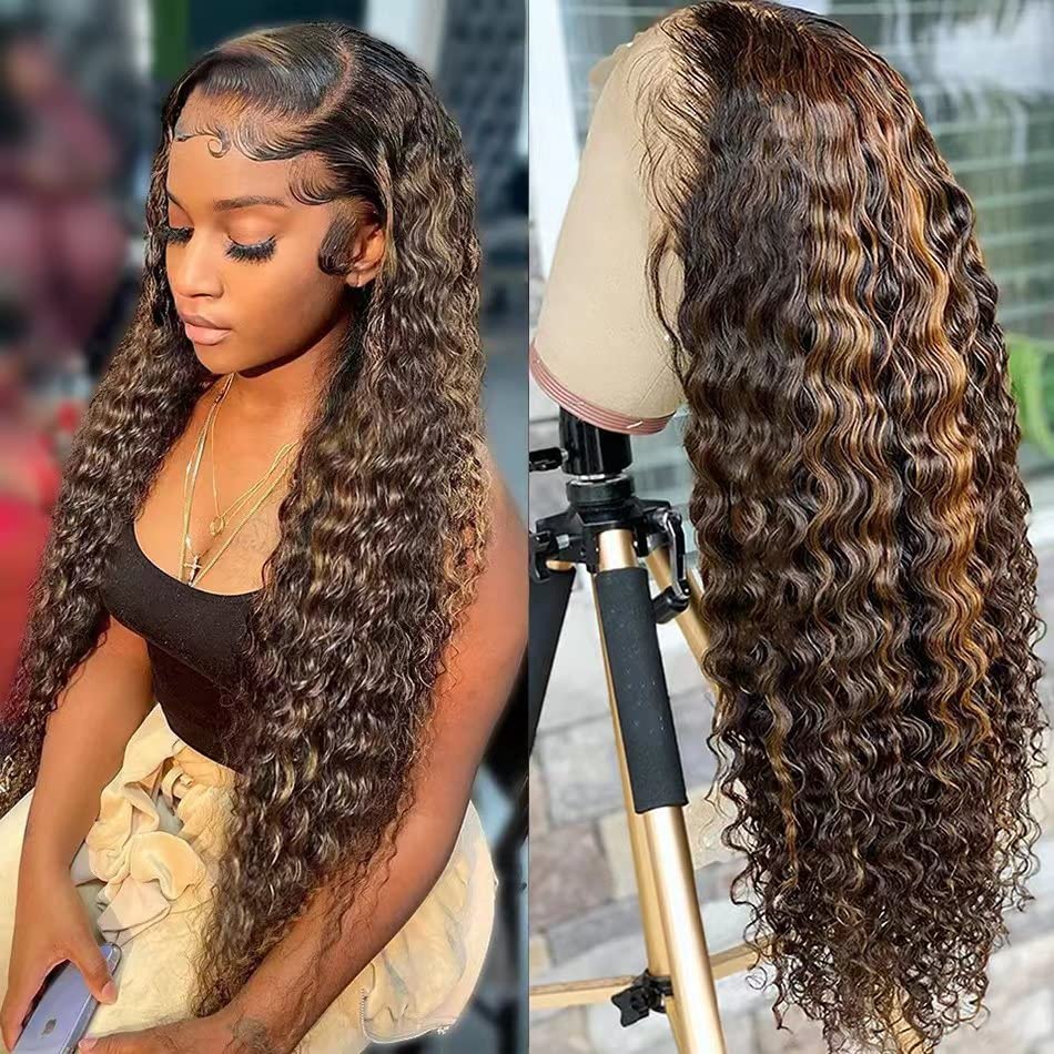 Yuzhou Grace 13x4 Highlight Ombre Lace Front Wig Human Hair Colored 4/27 Honey Blonde Lace Frontal Wigs for Black Women Human Hair Glueless Deep Wave Brown Wig with Baby Hair 150 Density