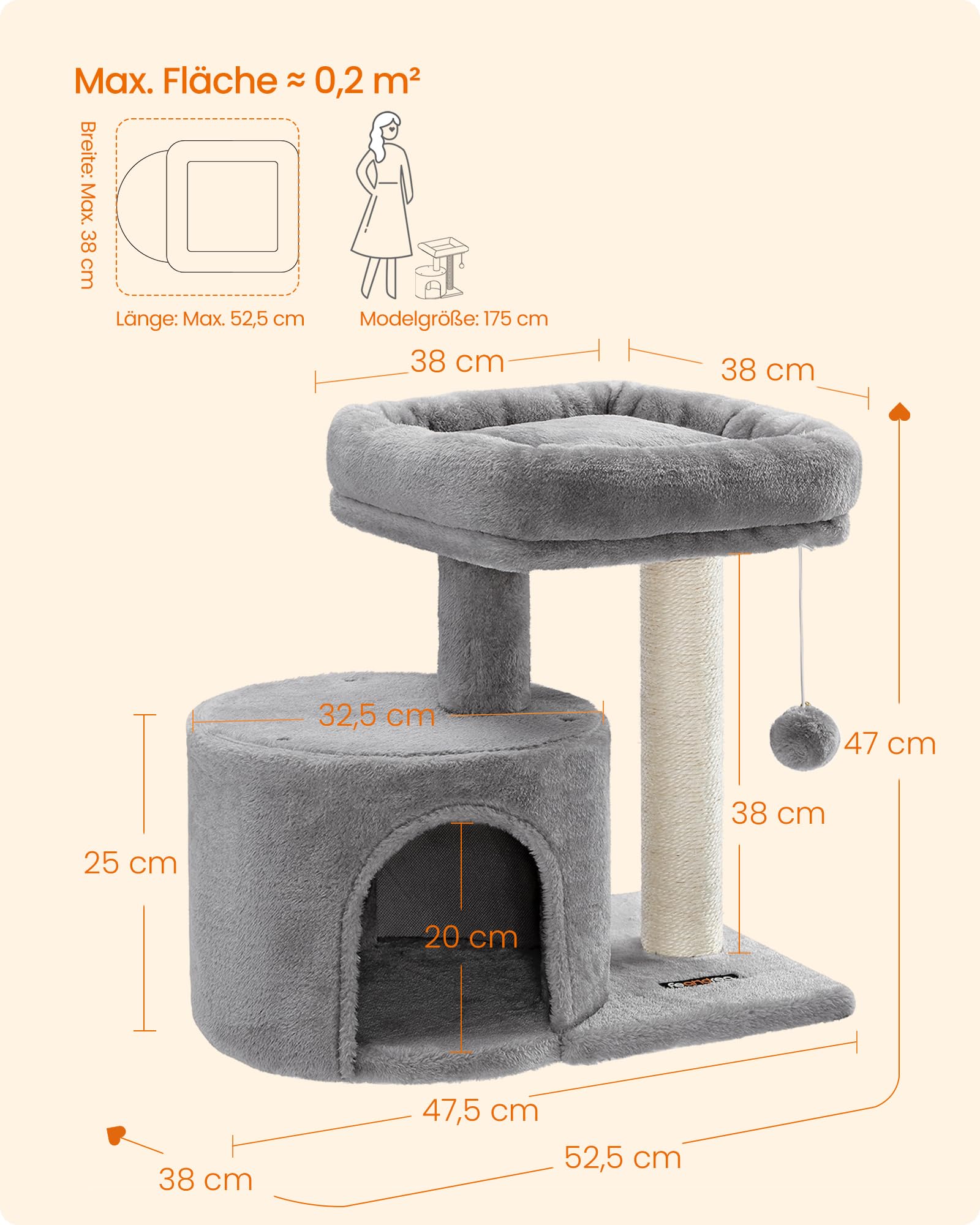 Feandrea Kratzbaum klein, Katzenbaum mit Sisalstamm, Katzenkratzbaum mit gepolsterter Plattforme, für Kätzchen, hellgrau PCT50W