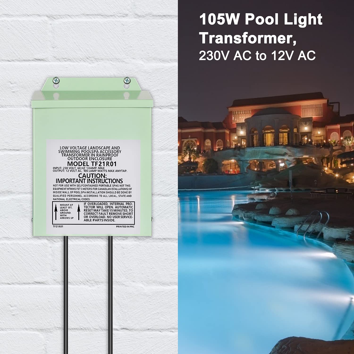 COOLWEST Transformador LED 12V 105W, Transformador LED 230V a 12V AC para iluminación de piscinas de bajo voltaje, focos, spa, tiras LED, interior/exterior, (verde)