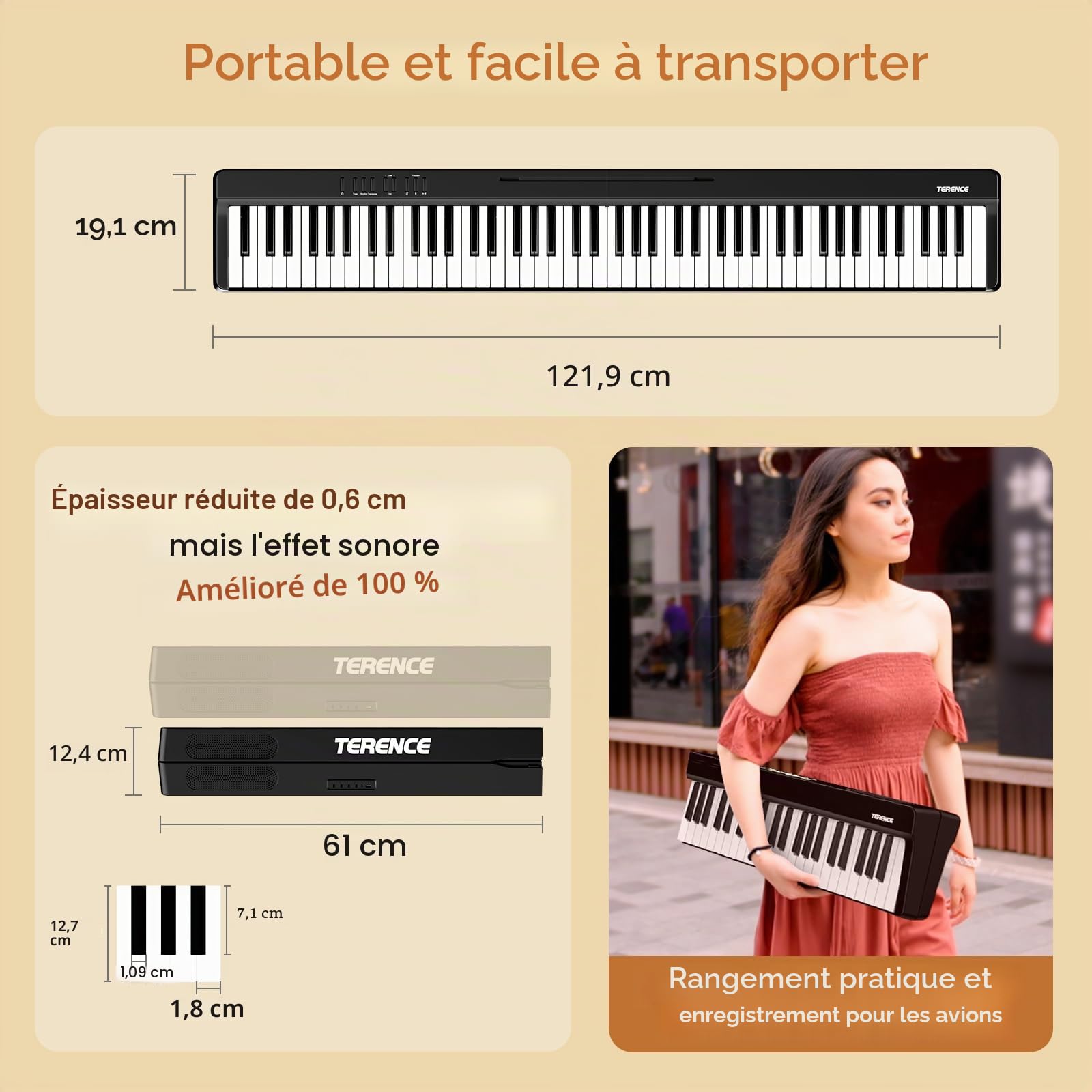 TERENCE Piano Numérique 88 Touches, Piano Portable avec Clavier semi - pondéré, avec Enregistrement et Support Bluetooth, avec Pédale et Haut-parleur à 4 unités, Choix Préféré pour les Débutants noir