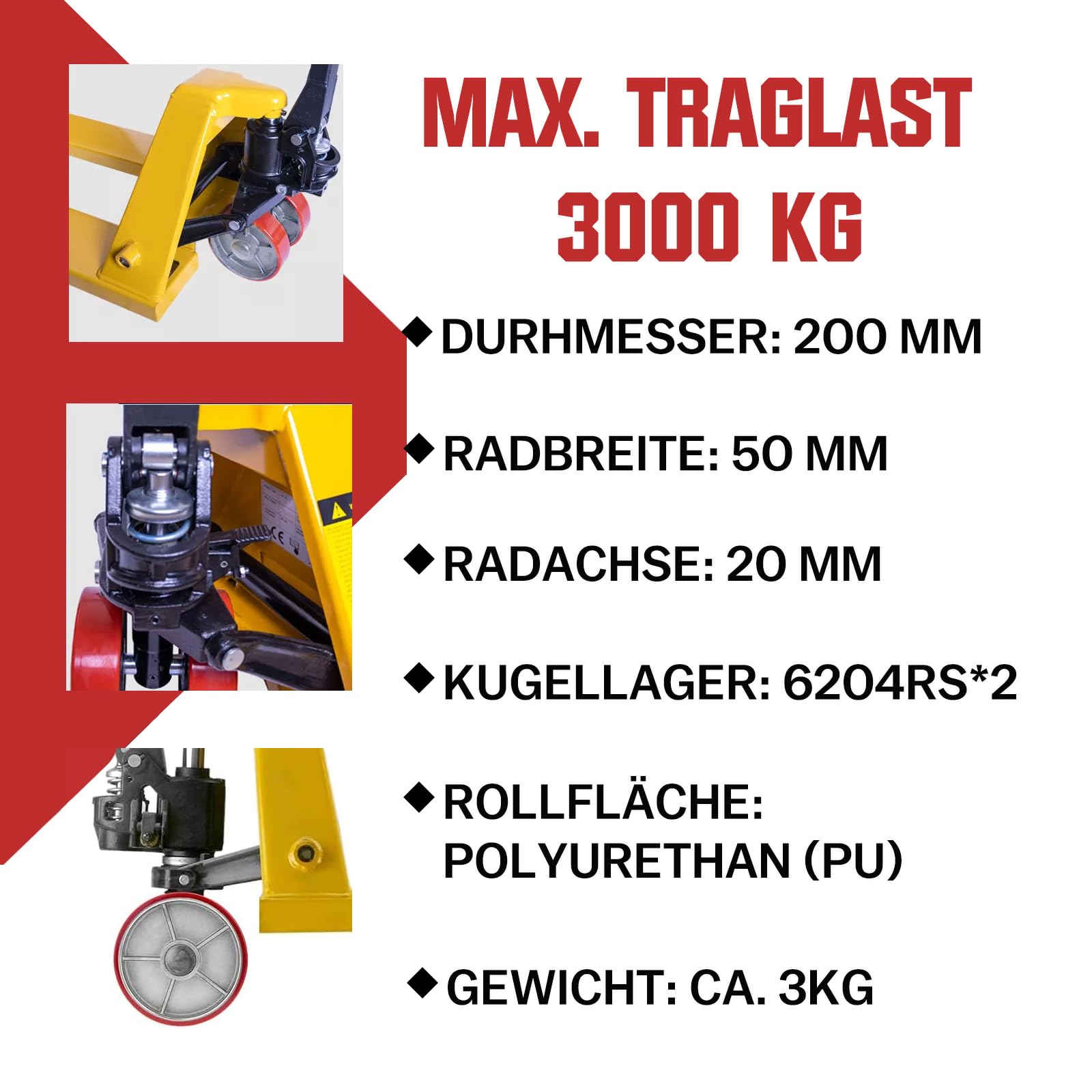 2 stuks hefwagenwielen, polyurethaan (PU), 180 x 50 mm, rode as 20 mm, incl. kogellagers, max. belasting 3000 kg