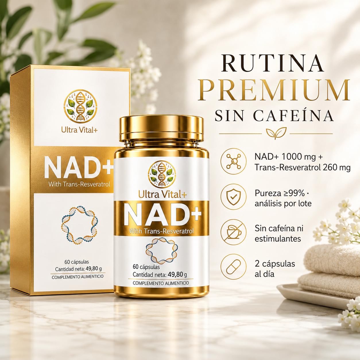 NAD Resveratrol Puro 1000 mg, NAD+ Trans-Resveratrol Sin Cafeína, 60 Cáps | NAD+ 1000 mg + Trans-Resveratrol 260 mg por dosis diaria. Pureza superior al 99%, analizada por lote. Marca española