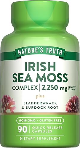 Nature's Truth Cápsulas de musgo marino irlandés | 2,250 mg | 90 unidades | Fórmula compleja con vejiga y raíz de bardana | Suplemento sin OMG y sin