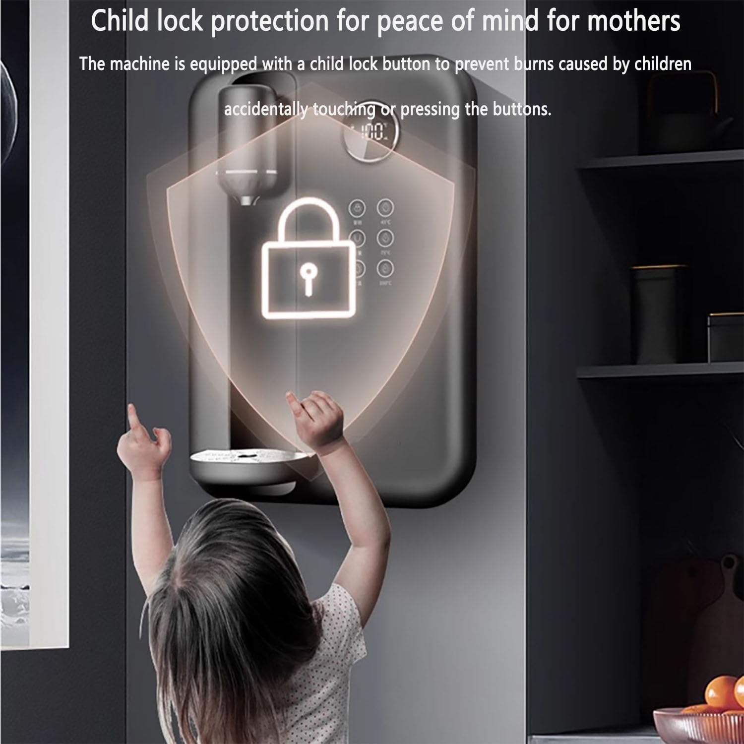 Distributore di acqua calda istantanea, macchina da parete con touchscreen e blocco di sicurezza per bambini, 5 livelli di flusso d'acqua, 4 impostazioni di temperatura per bevande calde e tè