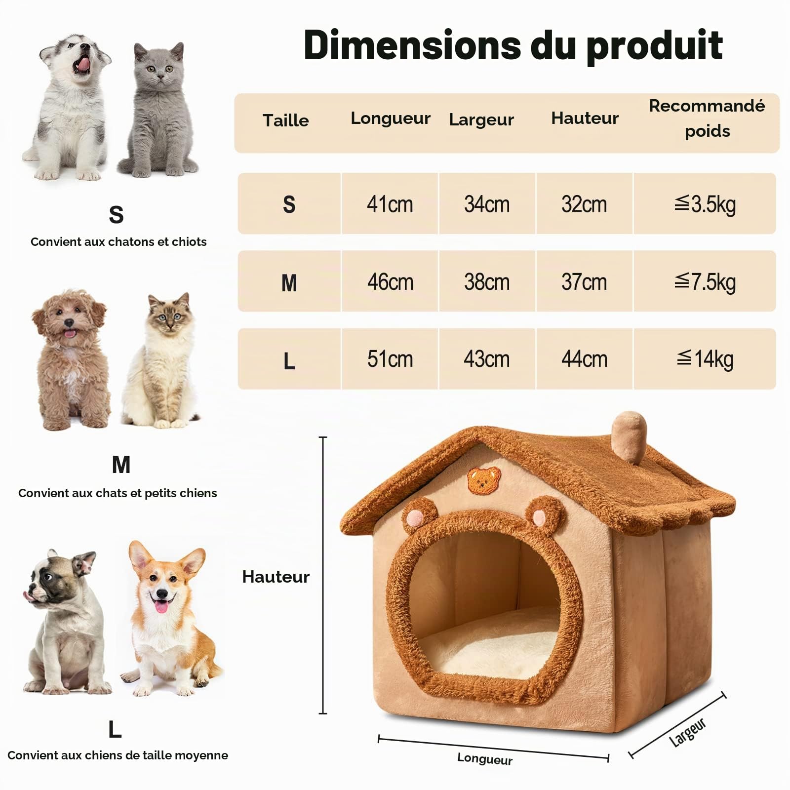Galatée Lit De Grotte pour Chat, Lit De Chien Lavable, Maison De Chat Chaude Et Confortable, Maison De Chat Confortable Pliable, Lit De Chien avec Coussin Amovible(M, Marron)