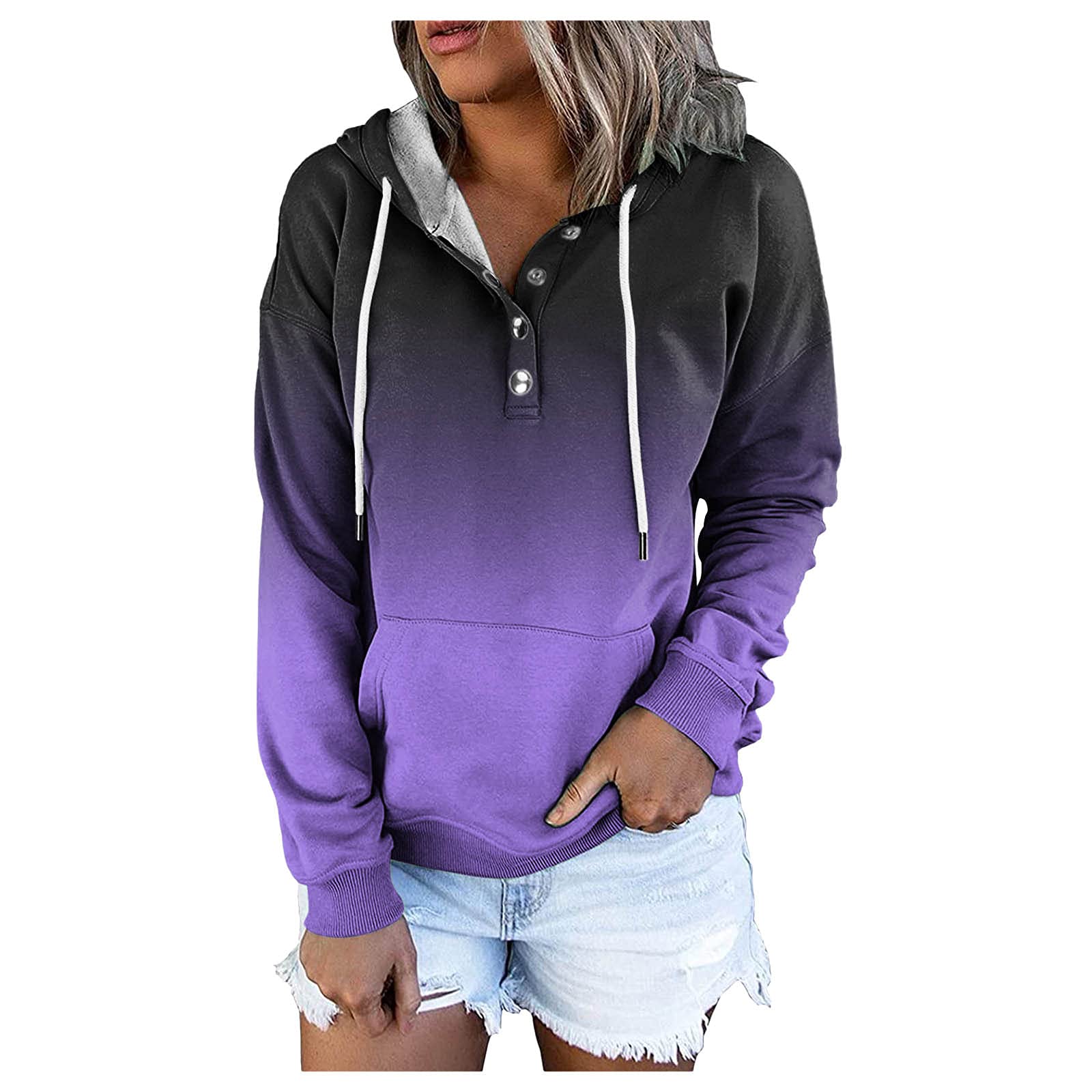 SNKSDGM Hoodies for Women Button Down Pullover Casual Solid Color Block Long Sleeve Hooded Sweatshirt with Pocket Drawstring