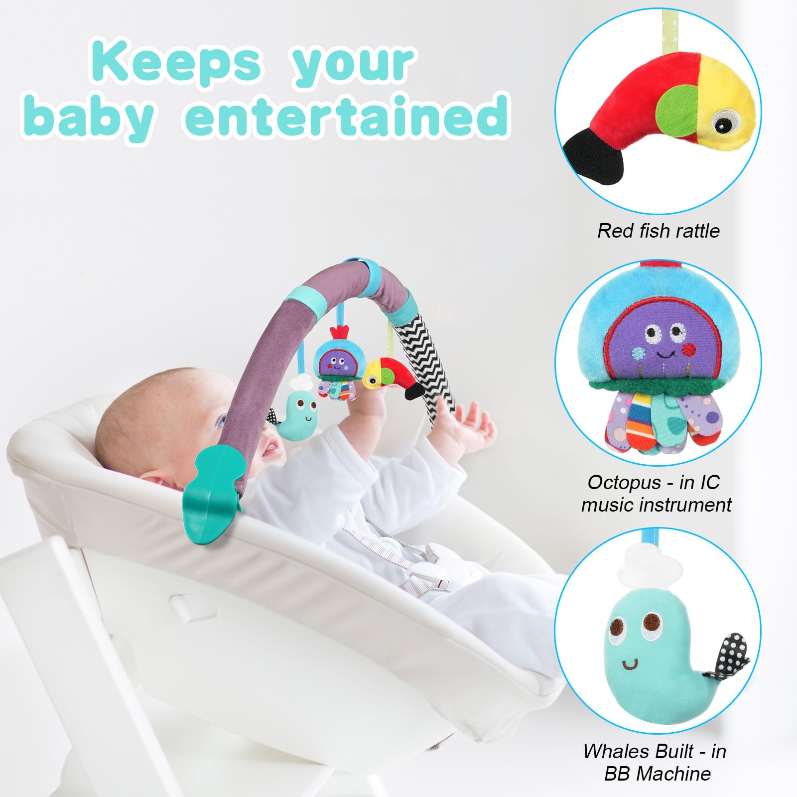 Muzikale Speelboog Voor Kinderwagen - Sensorisch Babyspeelgoed Met Activiteitenboog, Rammelaars En Verstelbare Clips
