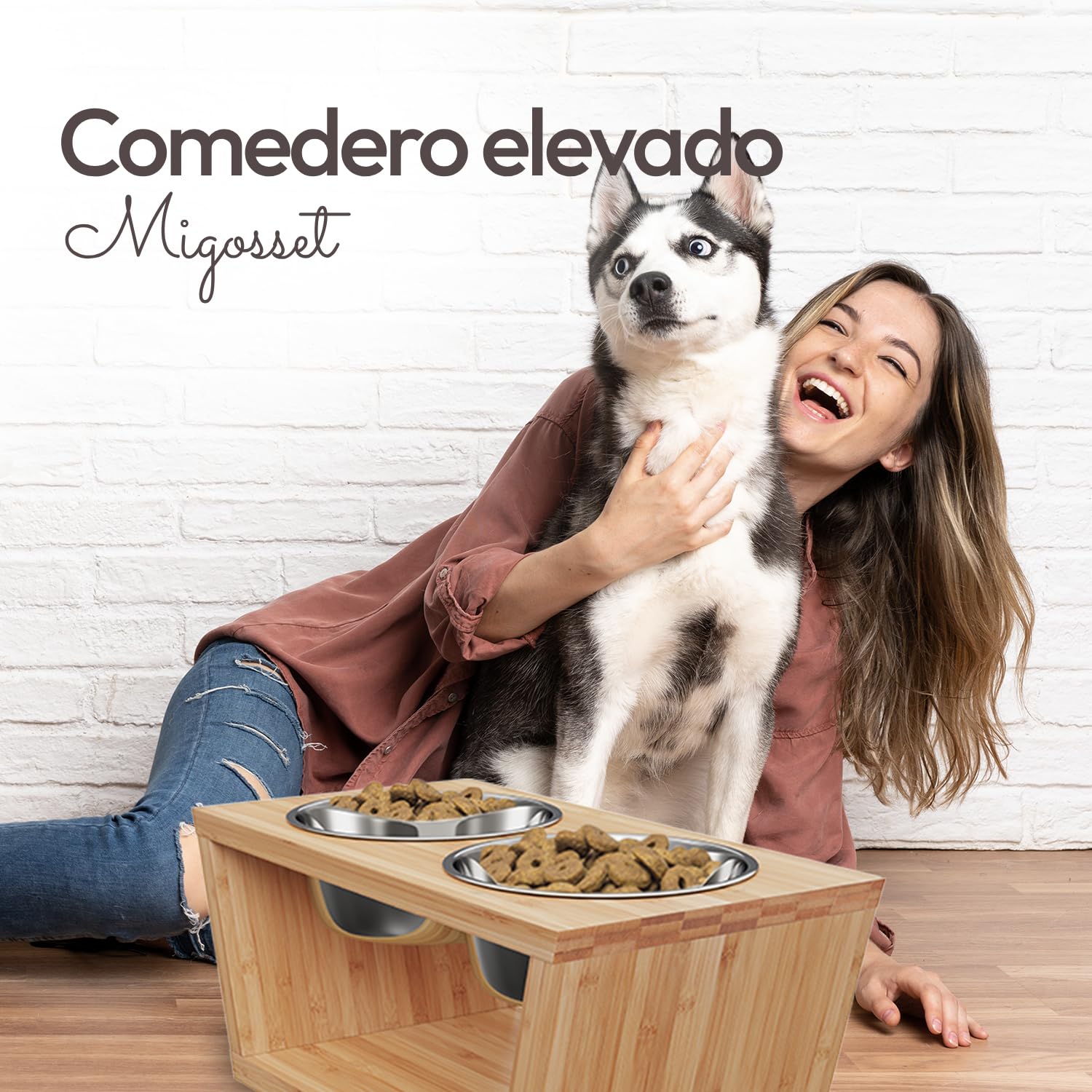 Comedero para Mascotas - Soporte Elevado de Bambu para Perros Medianos y Grandes - Alimentador de Madera - 4 Tazones de Acero Inoxidable: 4X 1650 ml – 44x 23 x 18 - Mediano